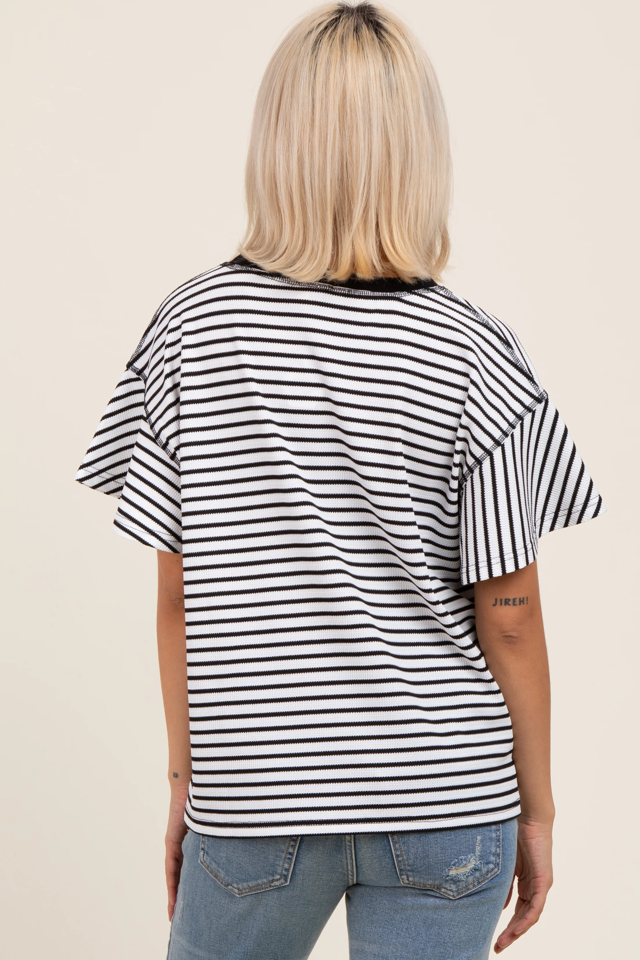Black Striped Ribbed Relaxed Short Sleeve Maternity Top - Image 3