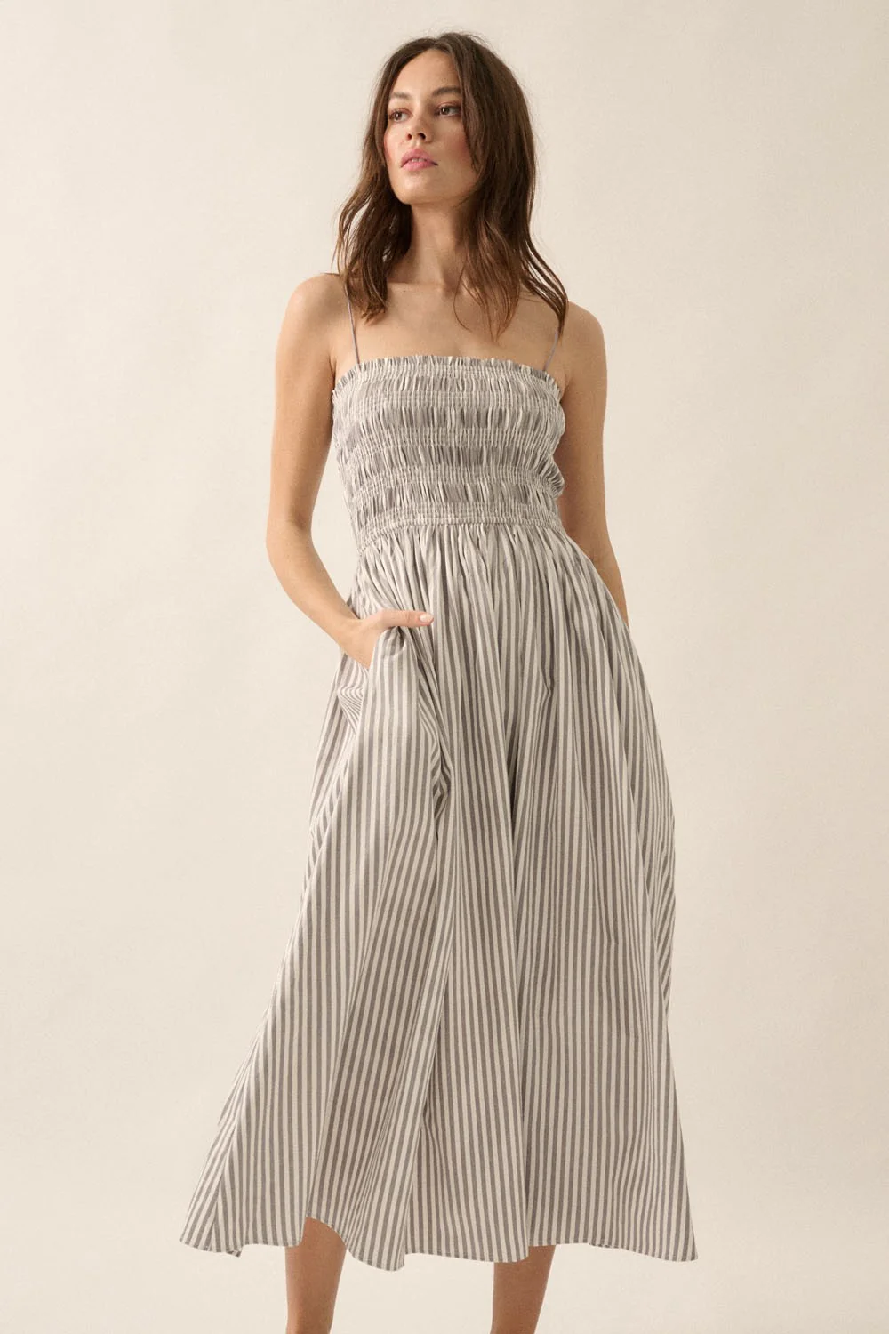 Black Striped Smocked Maternity Midi Dress - Image 4