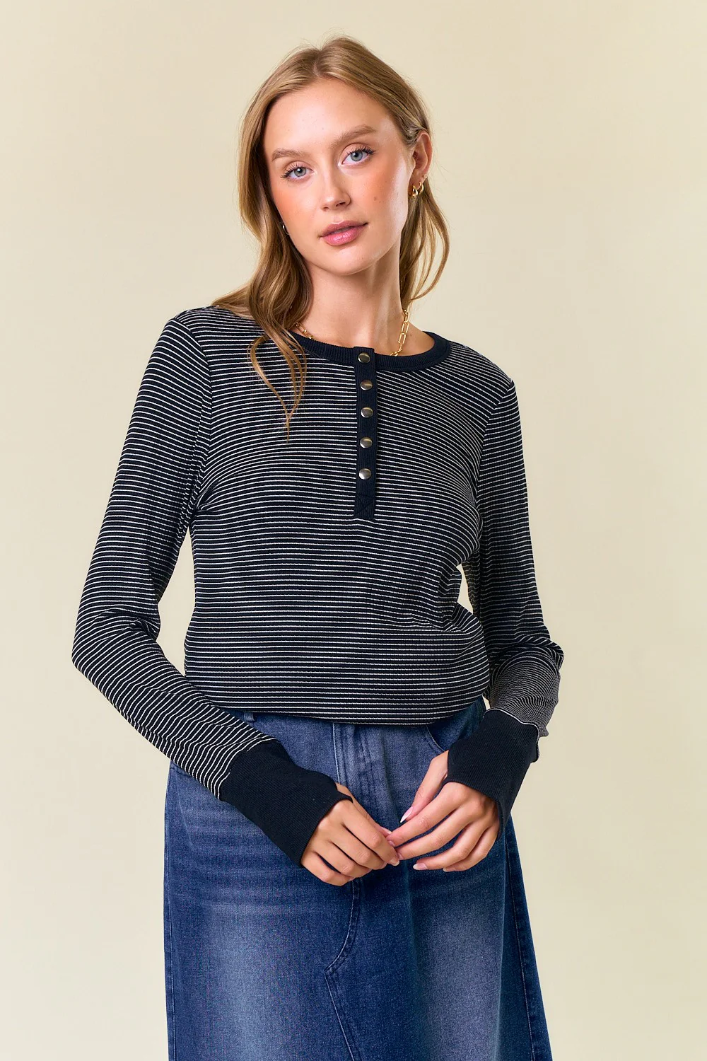 Black Striped Snap Button Henley Maternity Top - Image 5