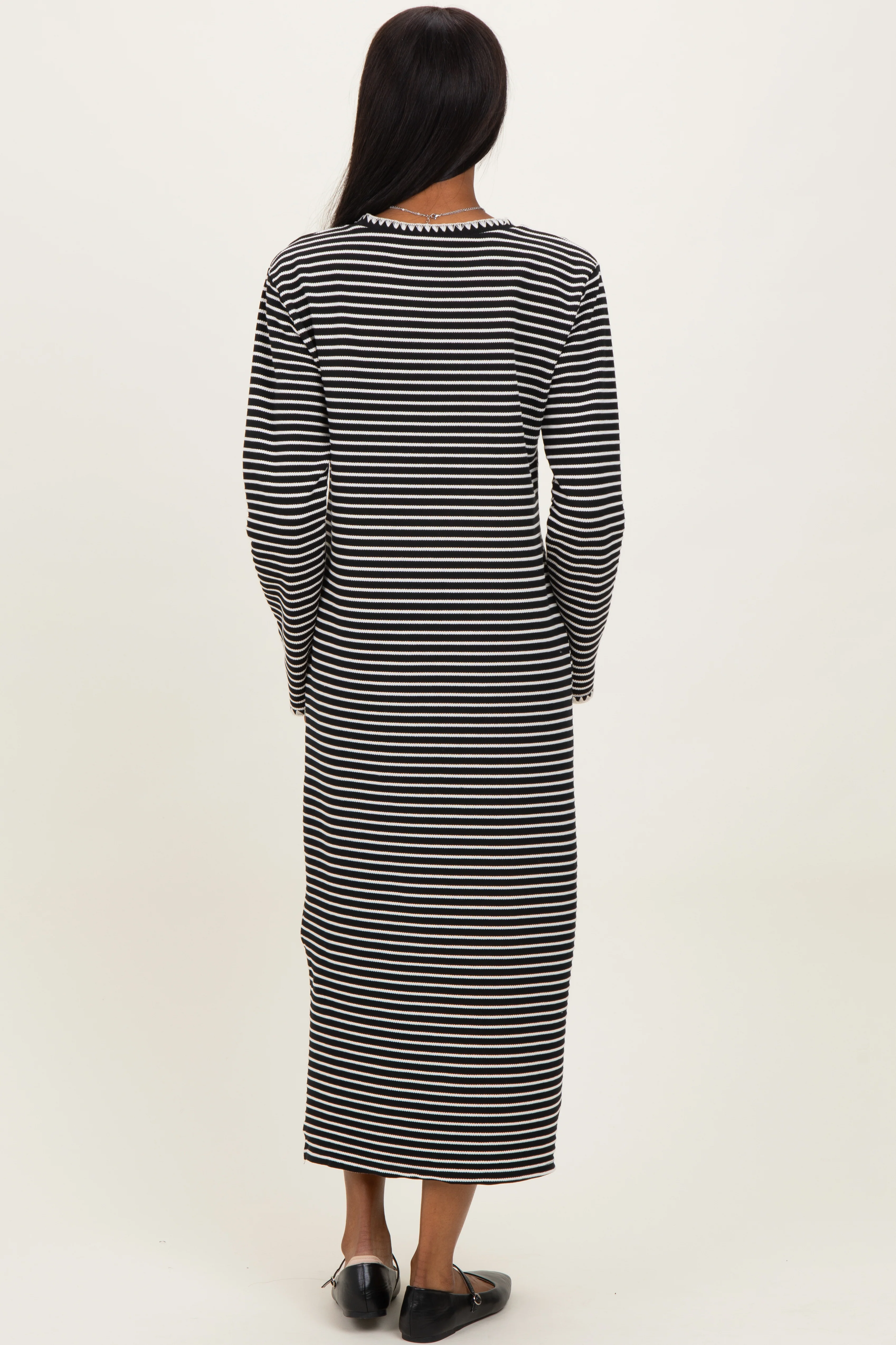 Black Striped Stitch Detail Long Sleeve Midi Dress - Image 2
