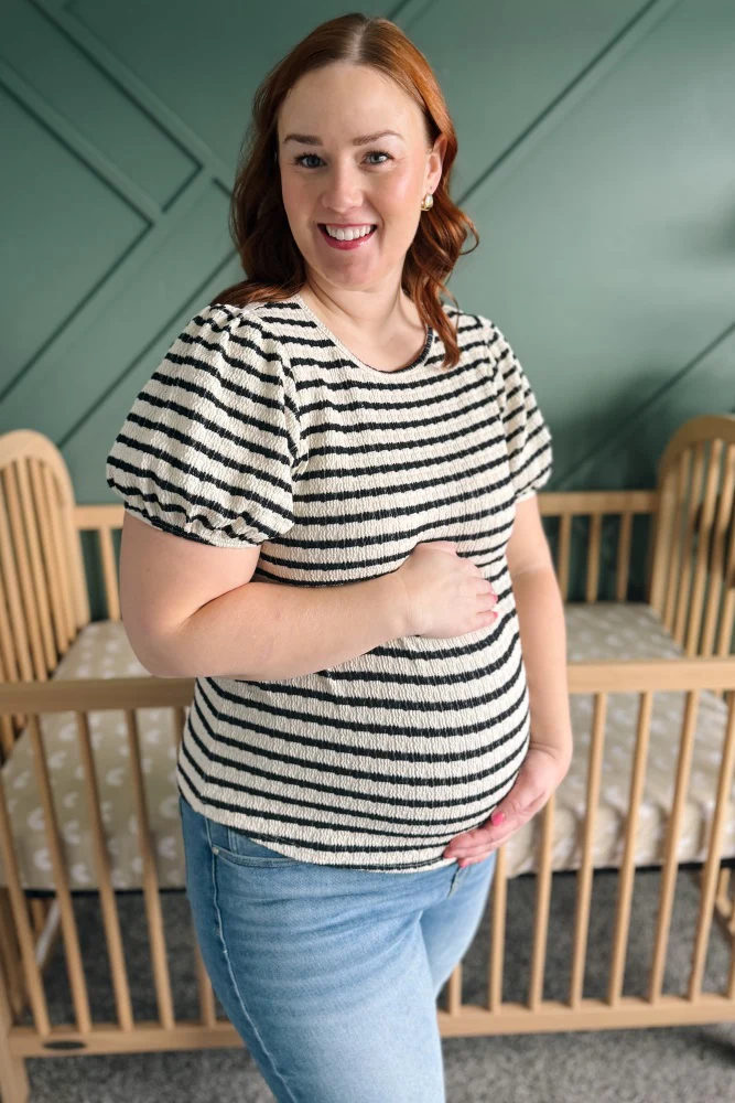 Black Striped Textured Puff Sleeve Maternity Top - Image 4