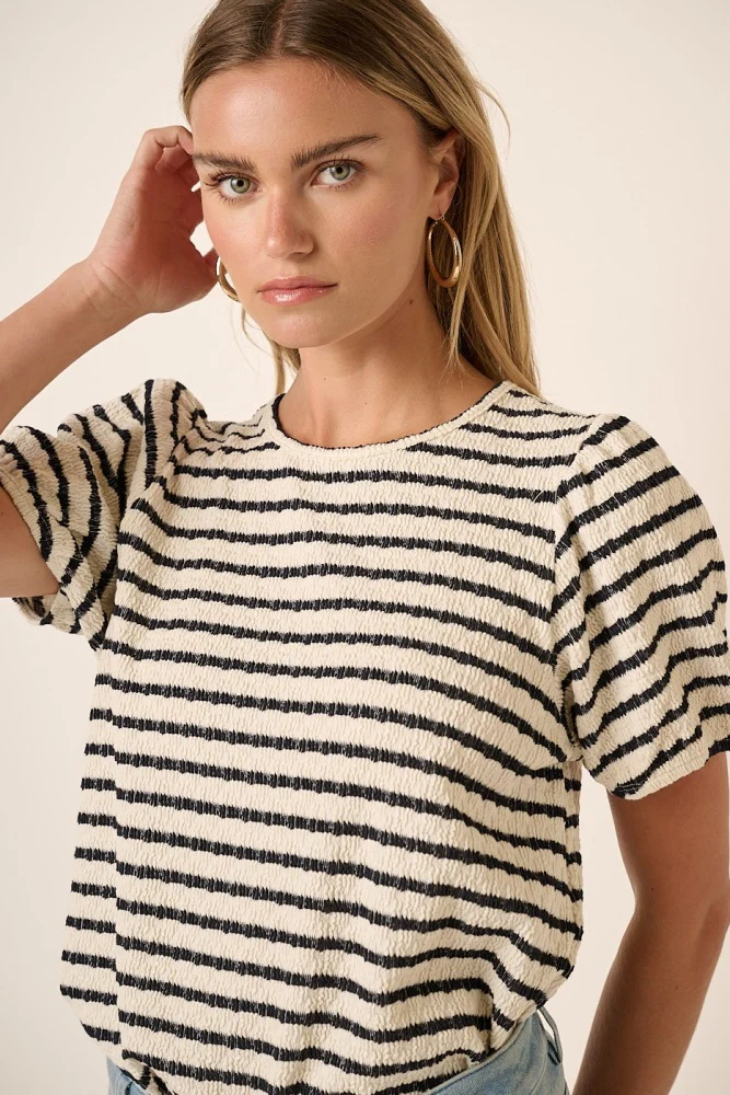 Black Striped Textured Puff Sleeve Top - Image 4