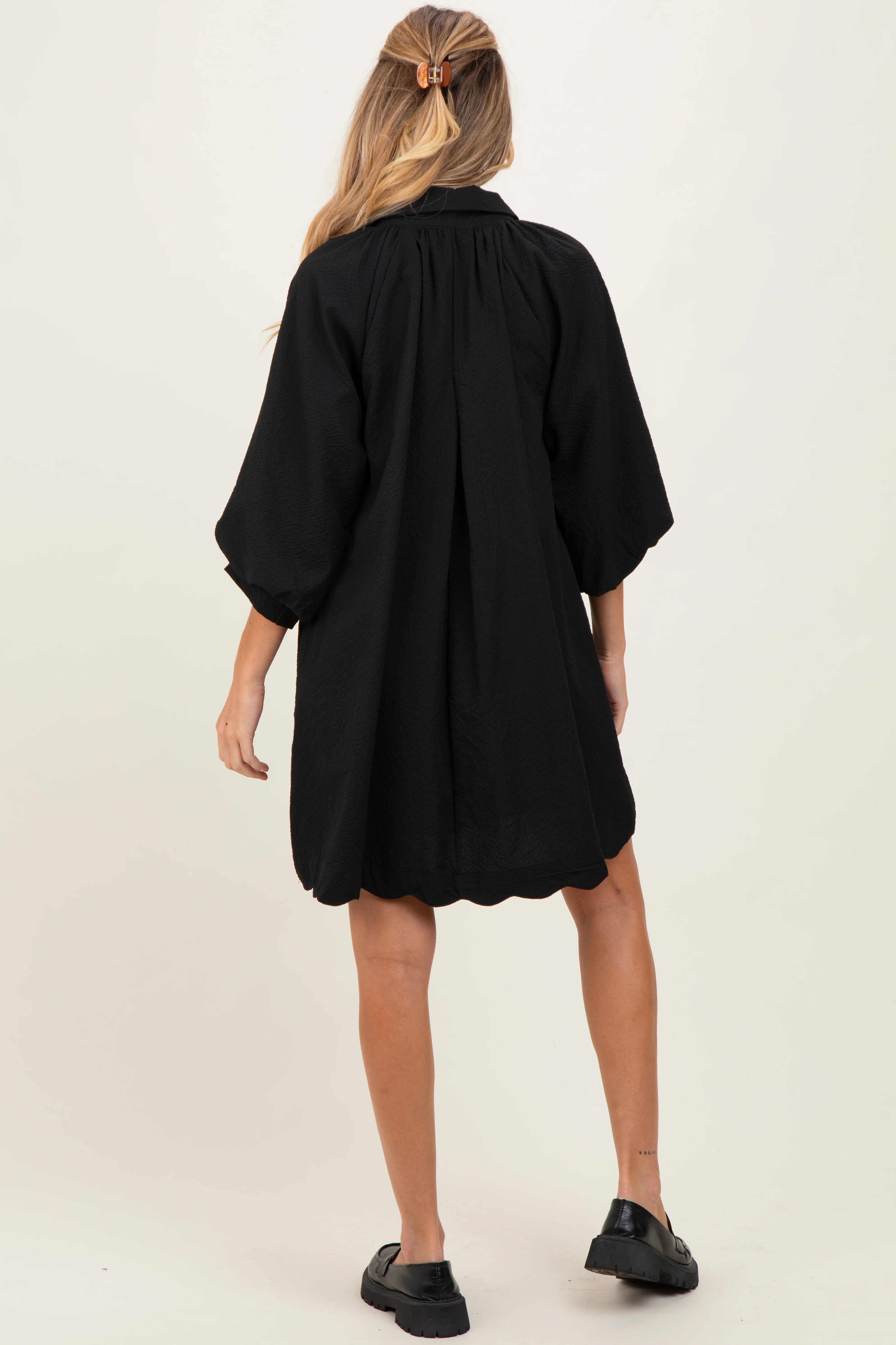 Black Textured Collared 3/4 Puff Sleeve Maternity Dress - Image 3