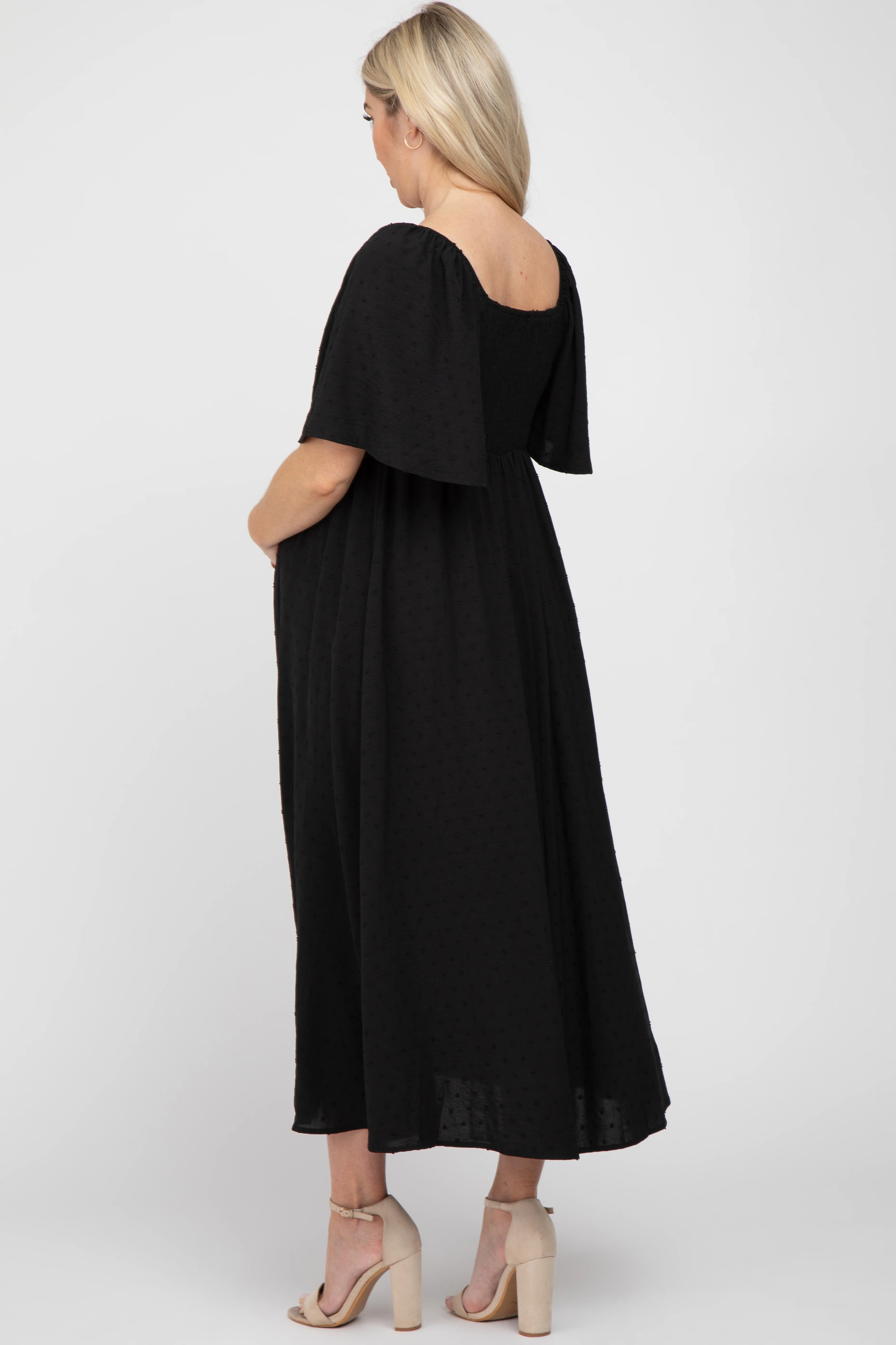 Black Textured Dot Front Tie Ruffle Sleeve Maternity Midi Dress - Image 3