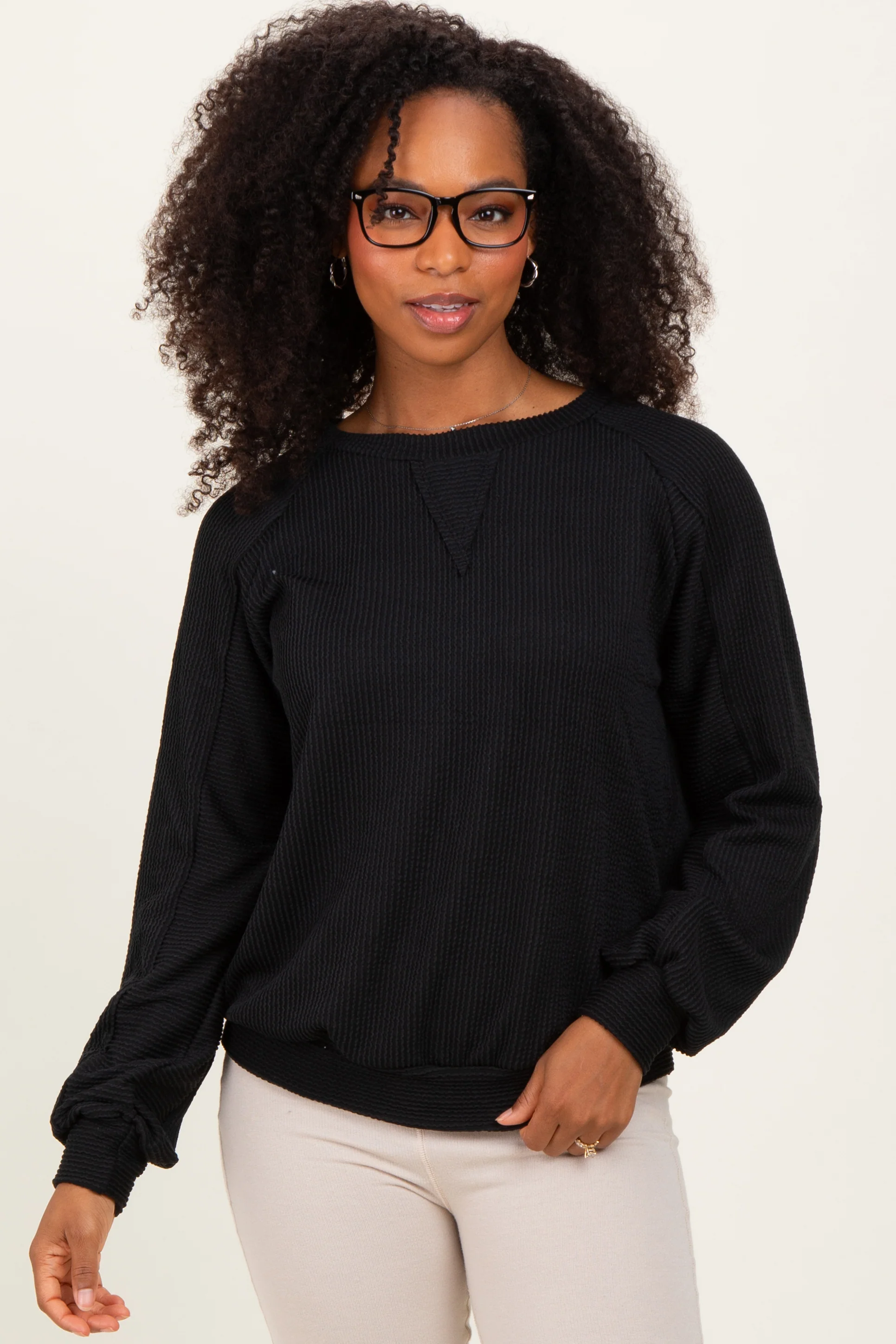Black Textured Rib Knit Maternity Pullover - Image 5