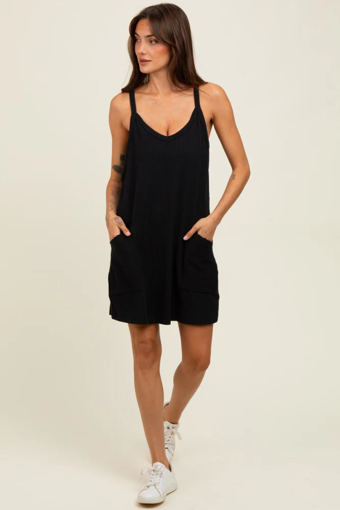 Black Textured Rib Side Pocket Maternity Romper Dress - Image 4