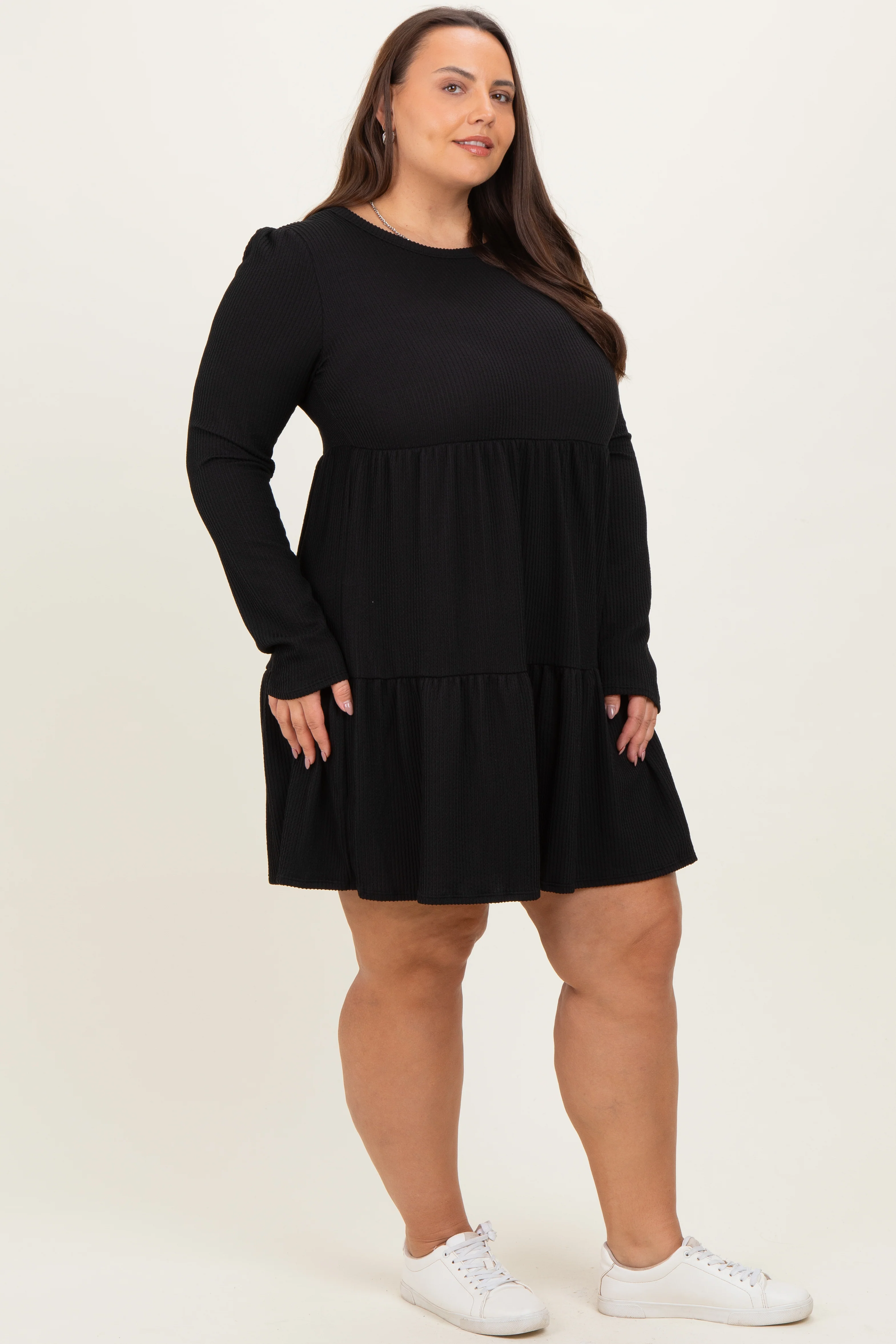 Black Textured Rib Tiered Long Sleeve Plus Dress - Image 3