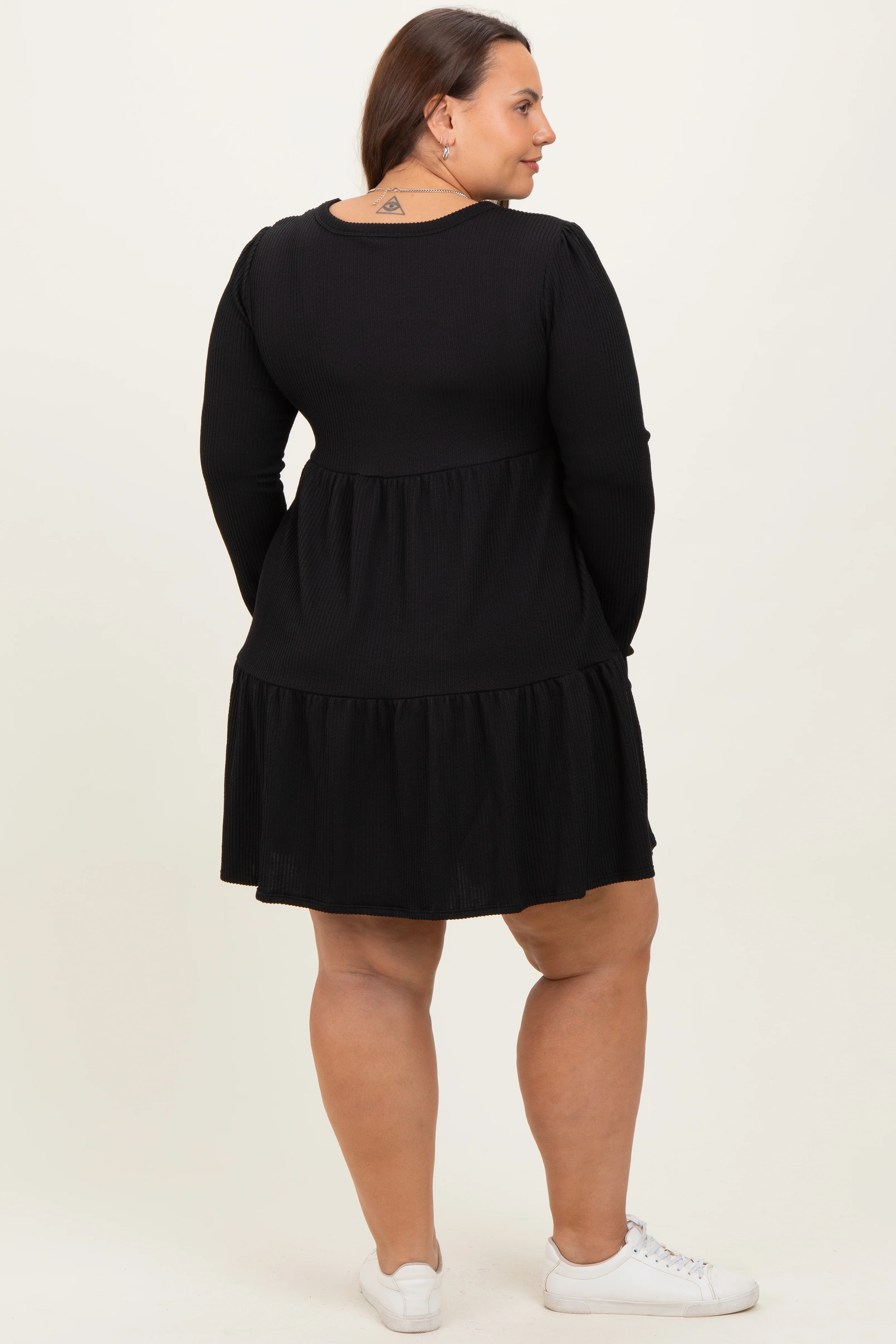 Black Textured Rib Tiered Long Sleeve Plus Dress - Image 4