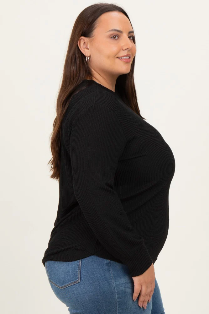 Black Textured Ribbed Long Sleeve Plus Top - Image 3