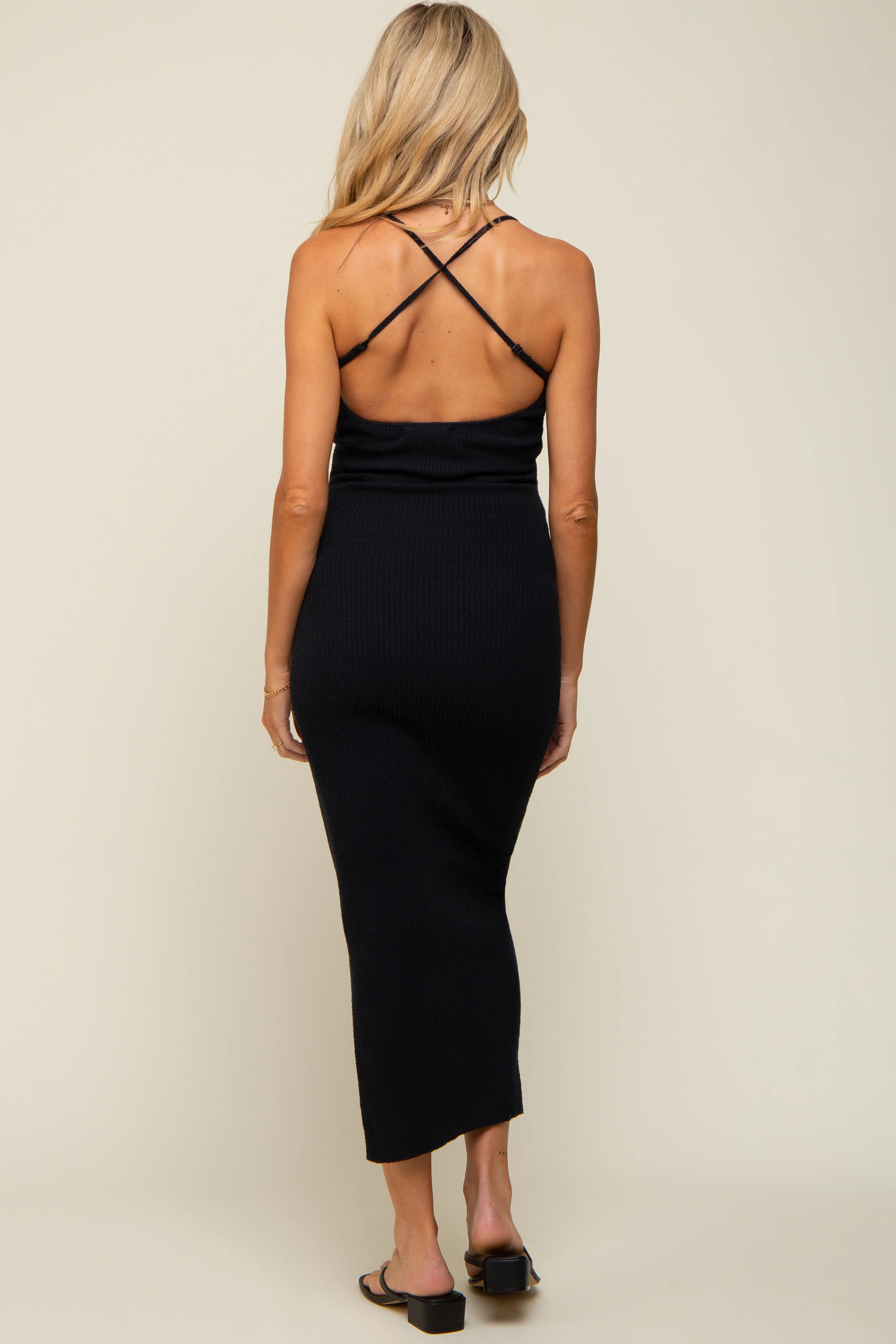 Black Textured Ribbed Square Neck Criss Cross Back Maternity Midi Dress - Image 3