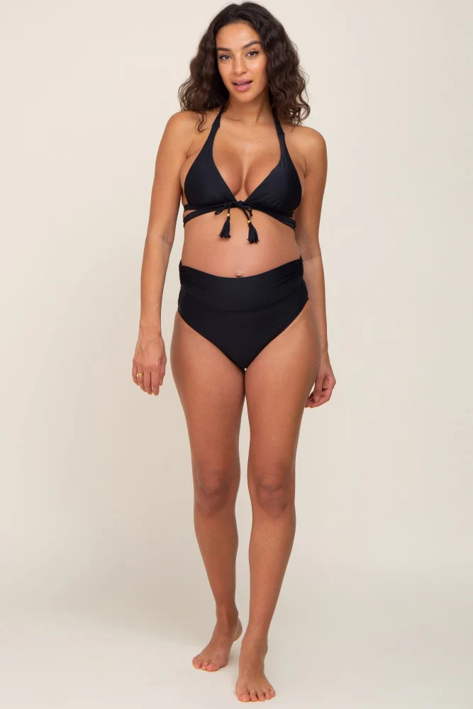 Black Tie Front Side Strap Maternity Bikini Set - Image 4