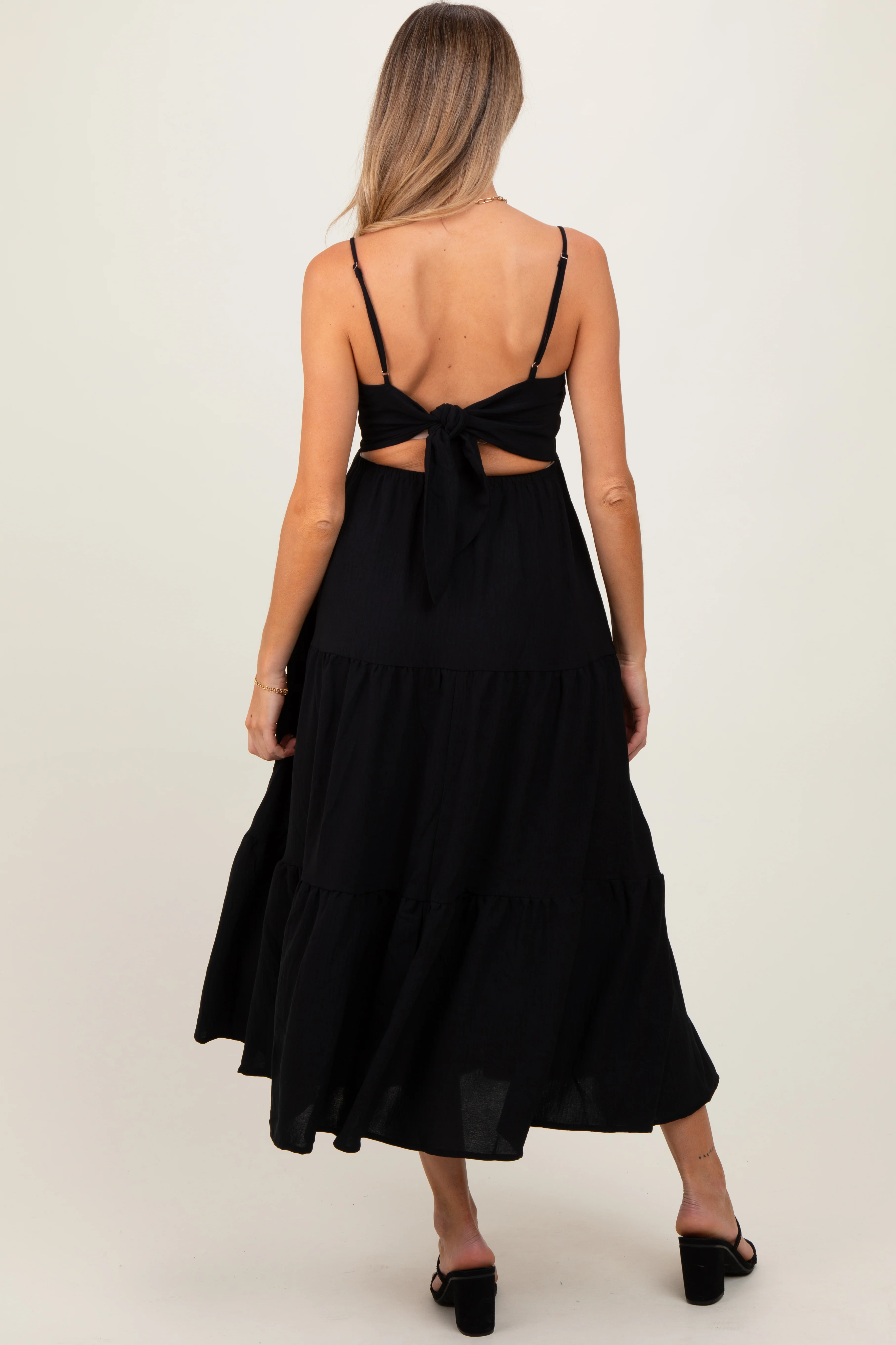 Black Tiered Cutout Tie Back Maternity Midi Dress - Image 4