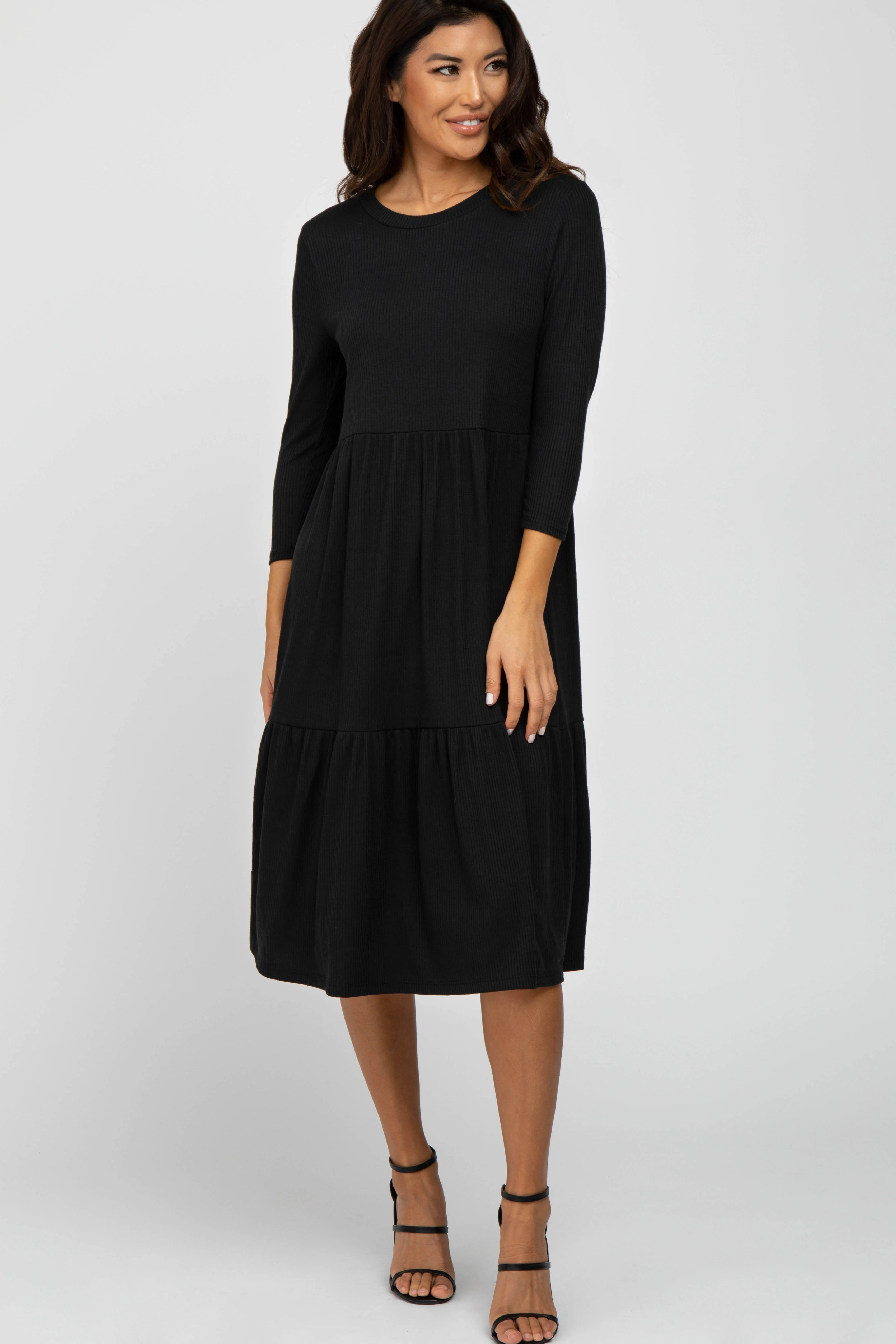 Black Tiered Ribbed 3/4 Sleeve Midi Dress - Image 4