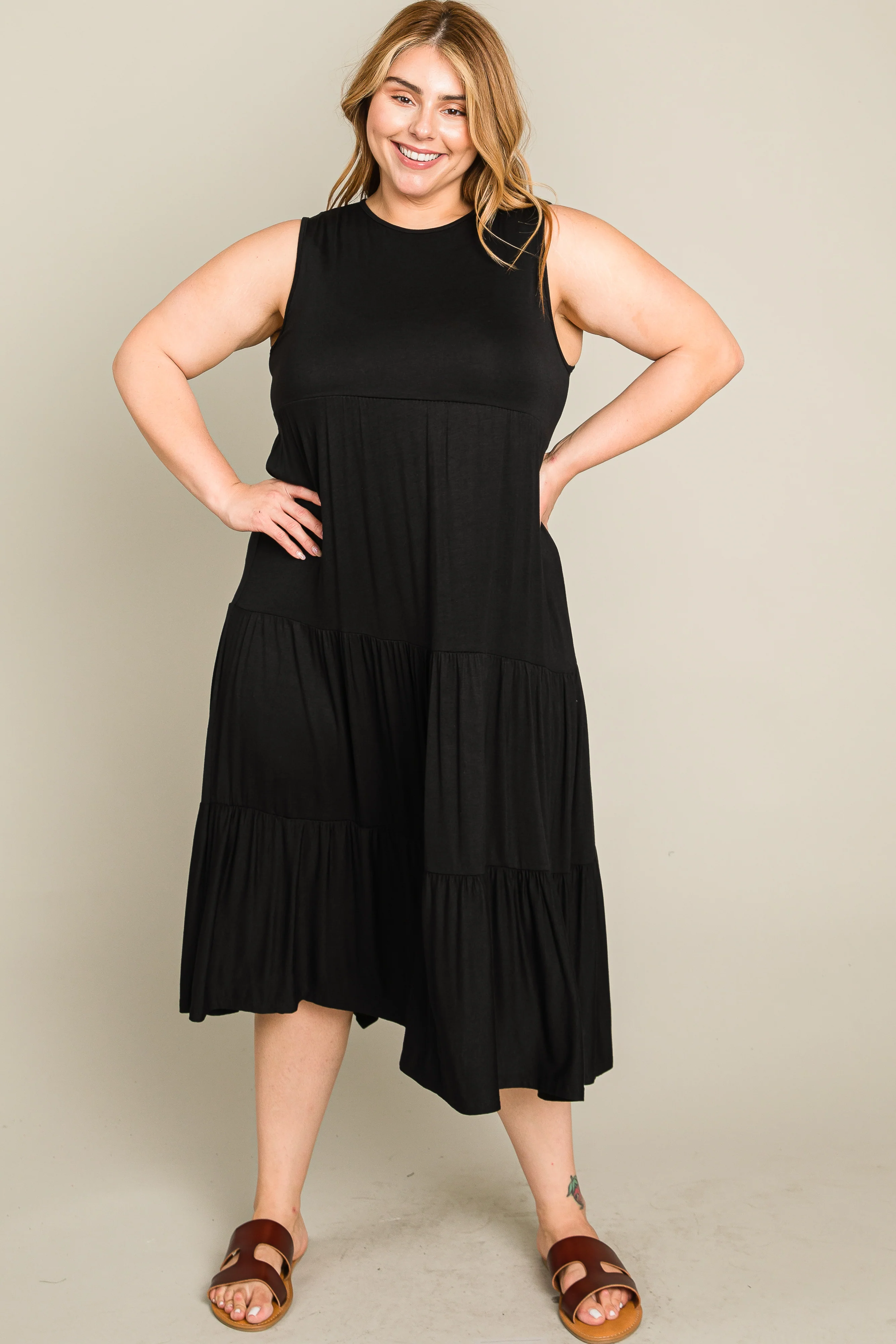 Black Tiered Sleeveless Plus Midi Dress - Image 3