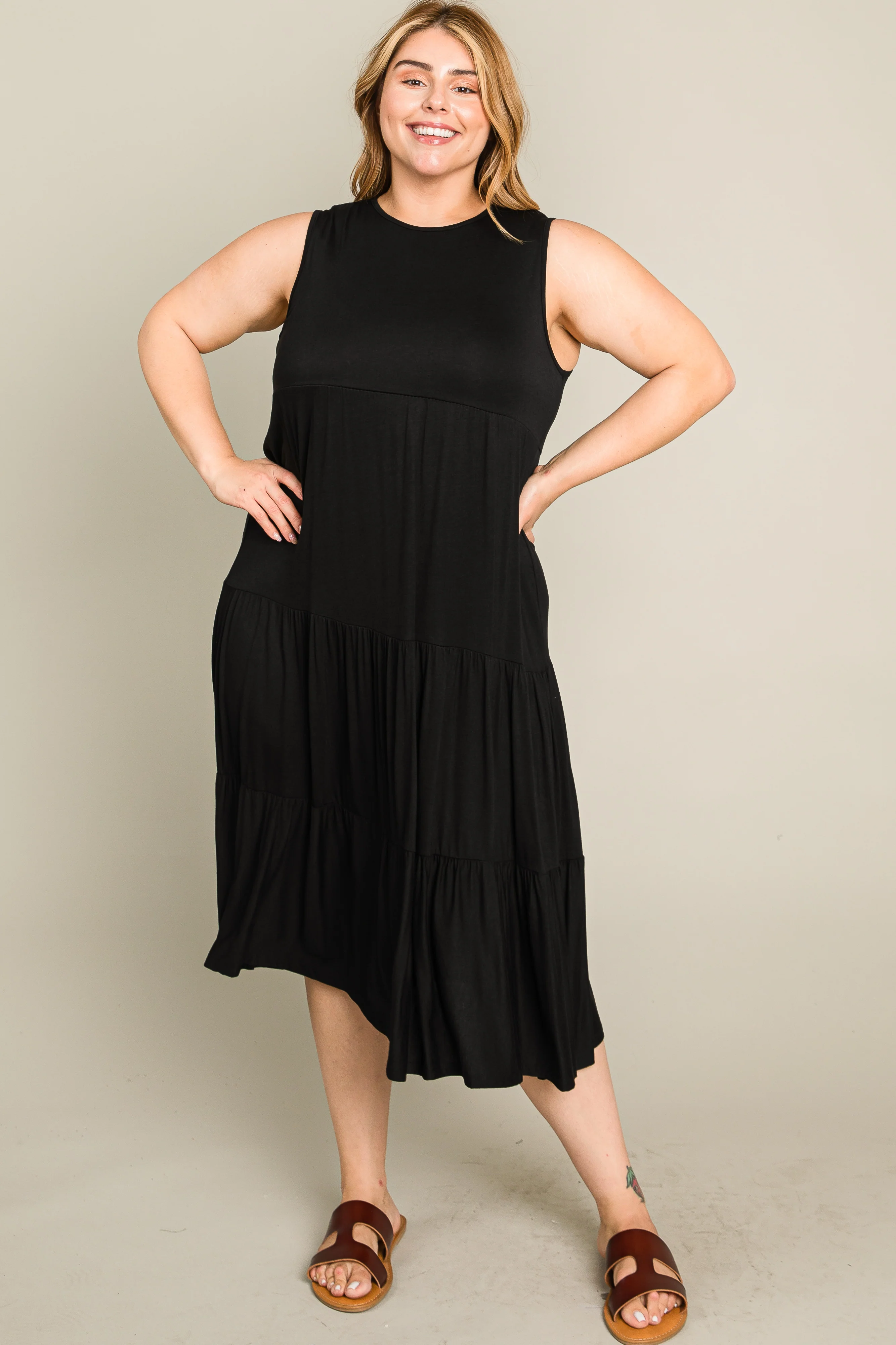 Black Tiered Sleeveless Plus Midi Dress - Image 6