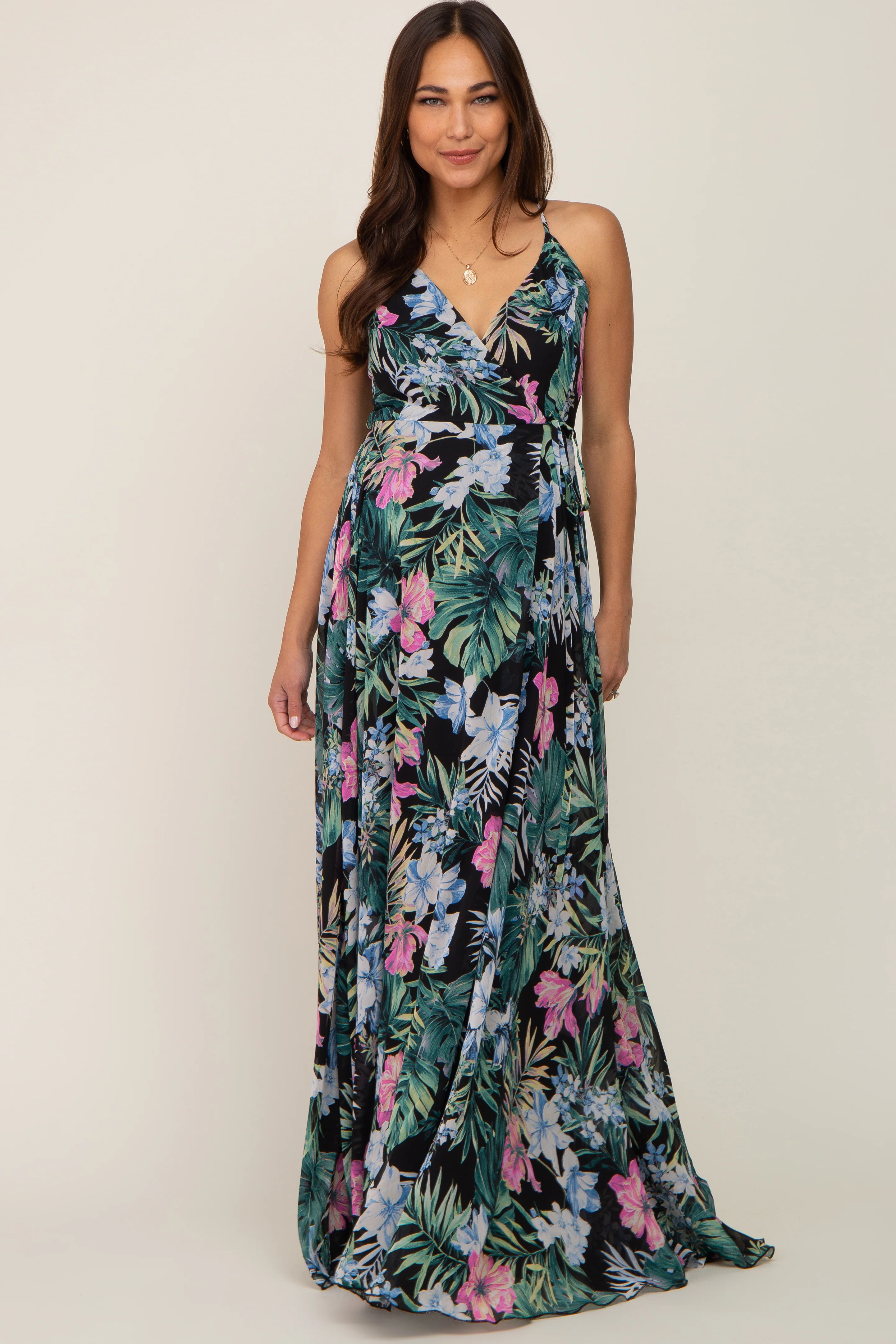 Black Tropical Floral Chiffon Wrap Front Maternity Maxi Dress - Image 4