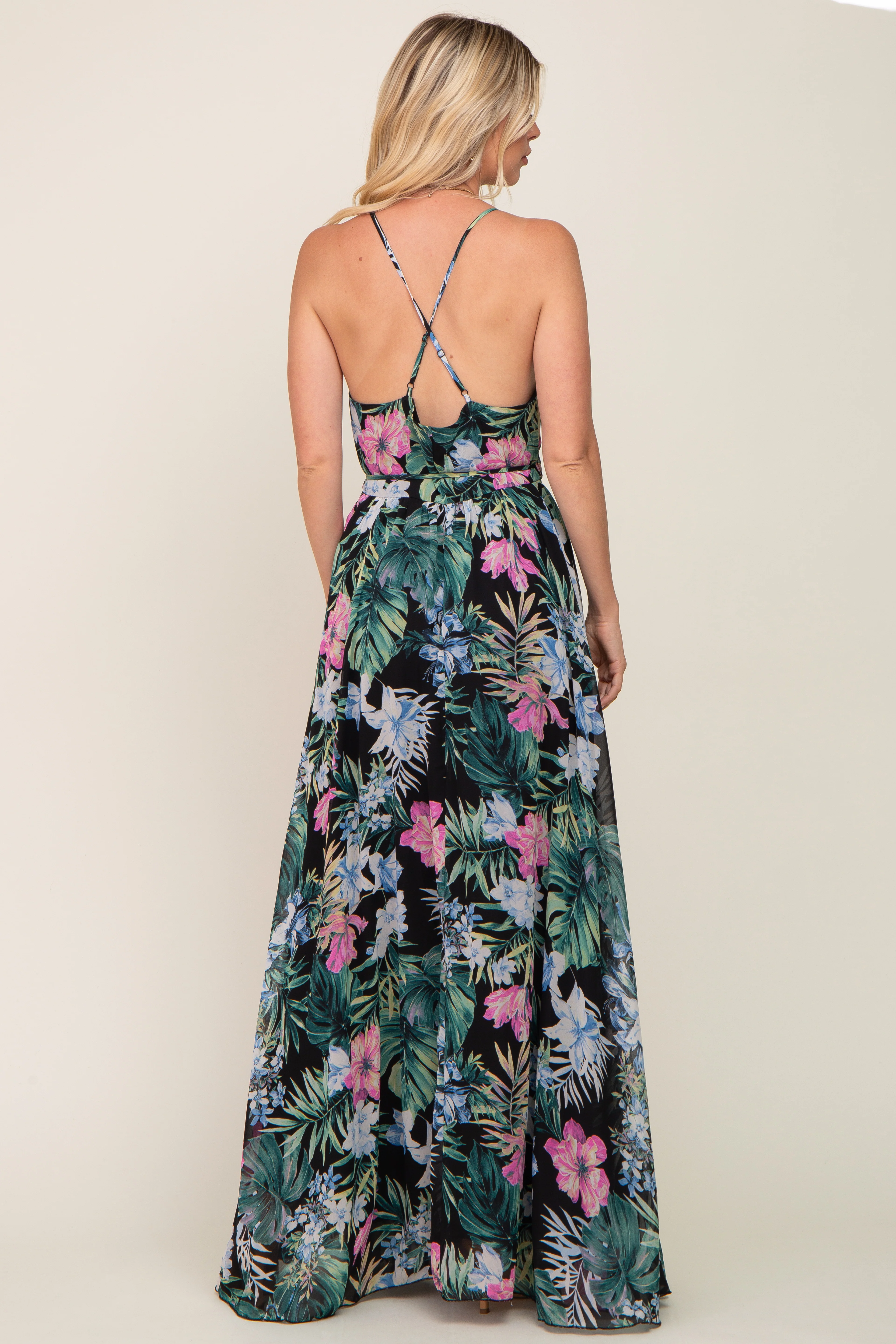 Black Tropical Floral Chiffon Wrap Front Maxi Dress - Image 3