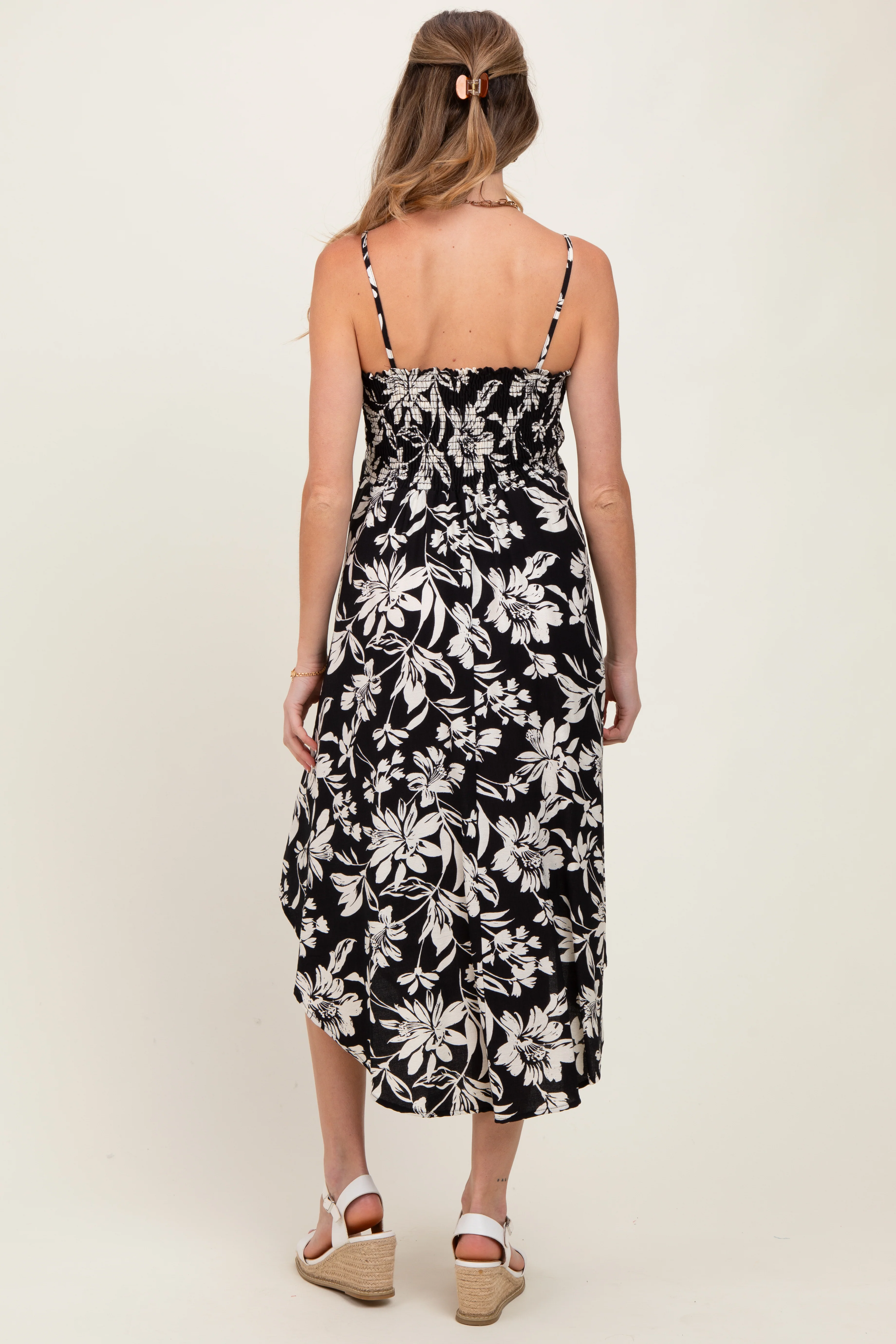 Black Tropical Floral Front Cinch Tie Maternity Midi Dress - Image 4