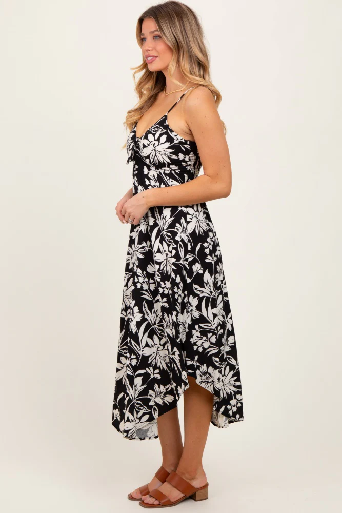 Black Tropical Floral Front Cinch Tie Midi Dress - Image 3