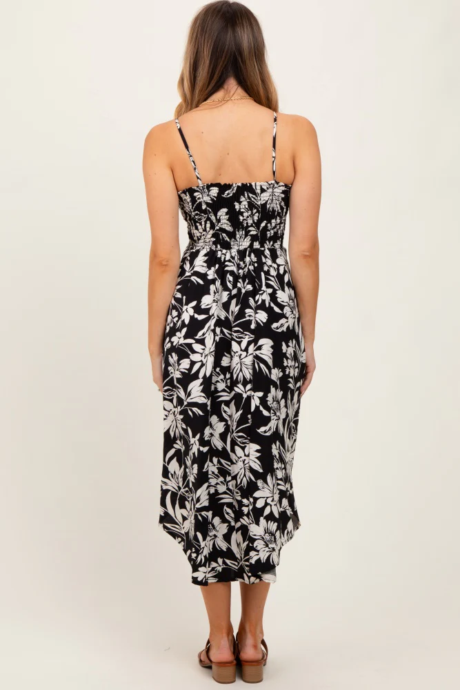 Black Tropical Floral Front Cinch Tie Midi Dress - Image 4