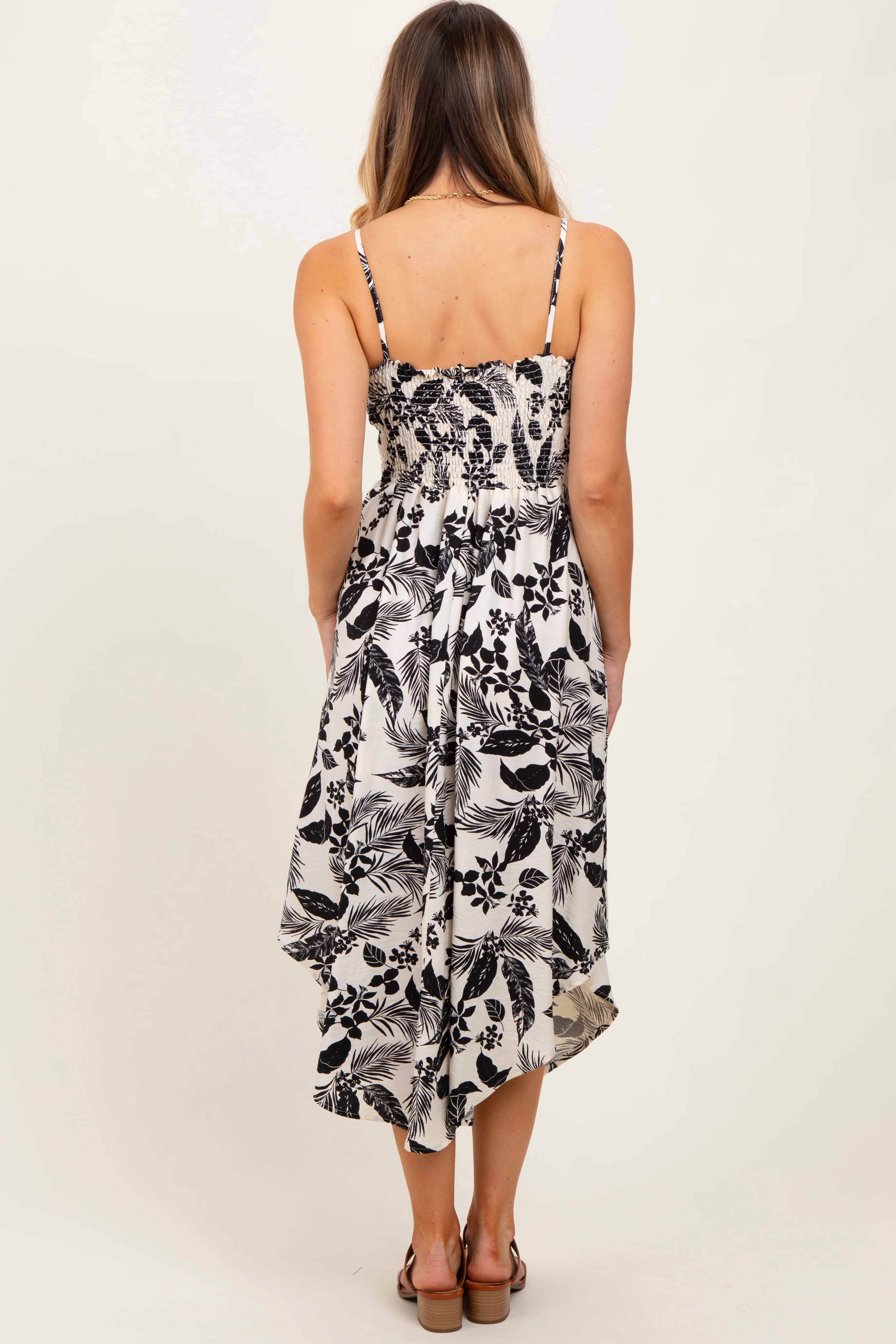 Black Tropical Floral Front Cinched Tie Midi Dress - Image 4