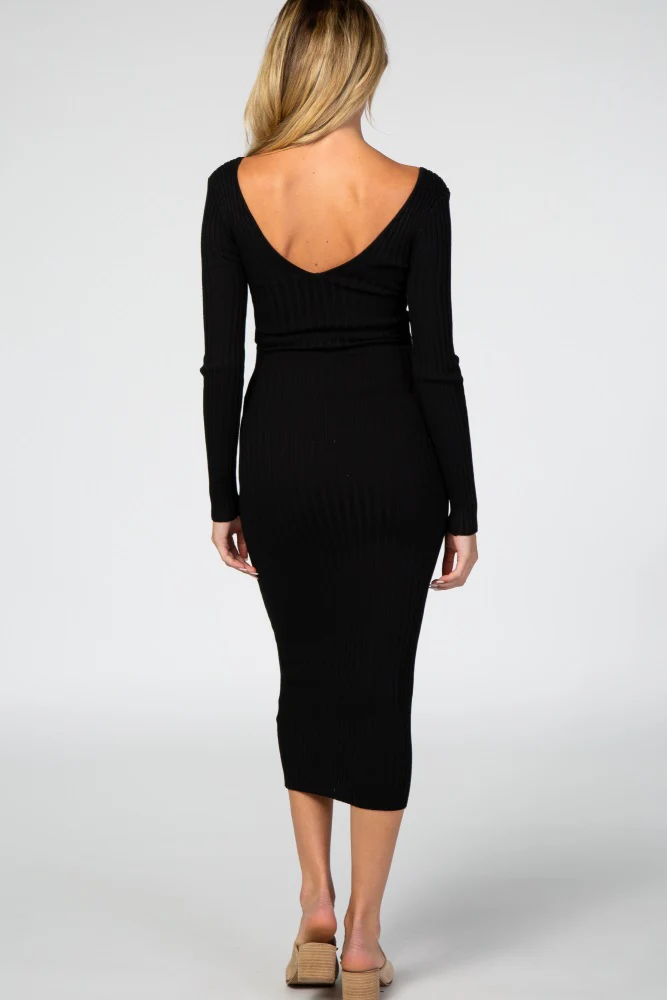 Black V-Neck Long Sleeve Fitted Maternity Maxi Dress - Image 3