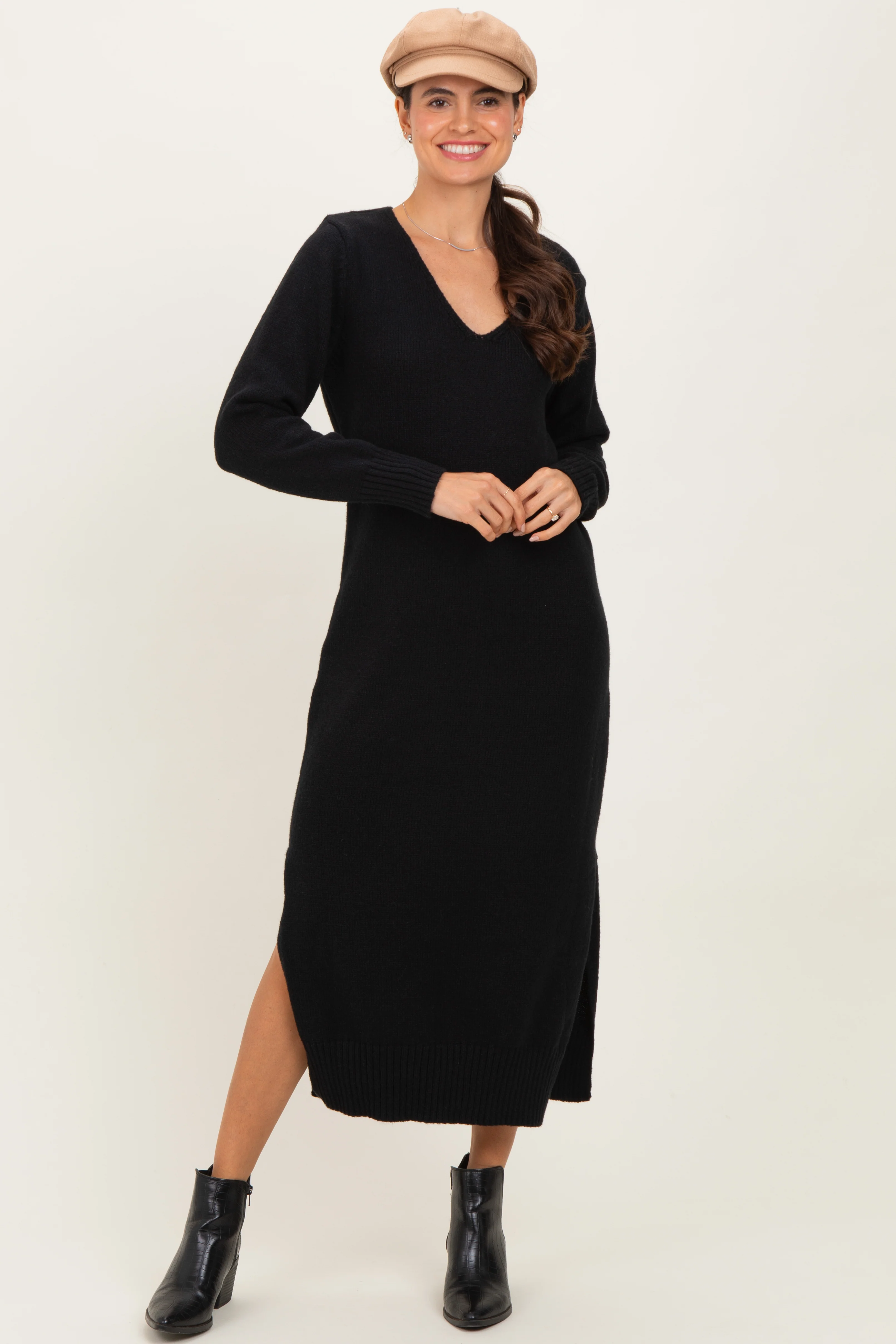 Black V-Neck Relaxed Fit Maternity Sweater Dress - Image 4