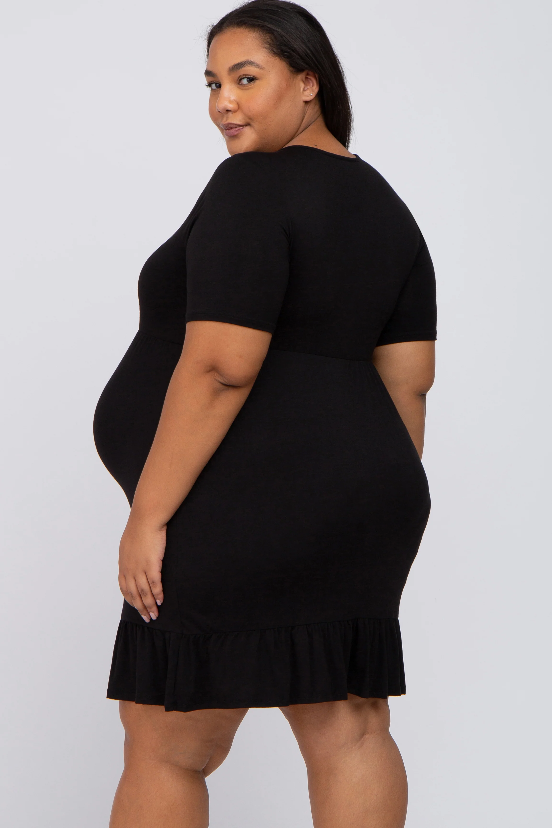 Black V-Neck Ruffle Hem Maternity Dress - Image 3