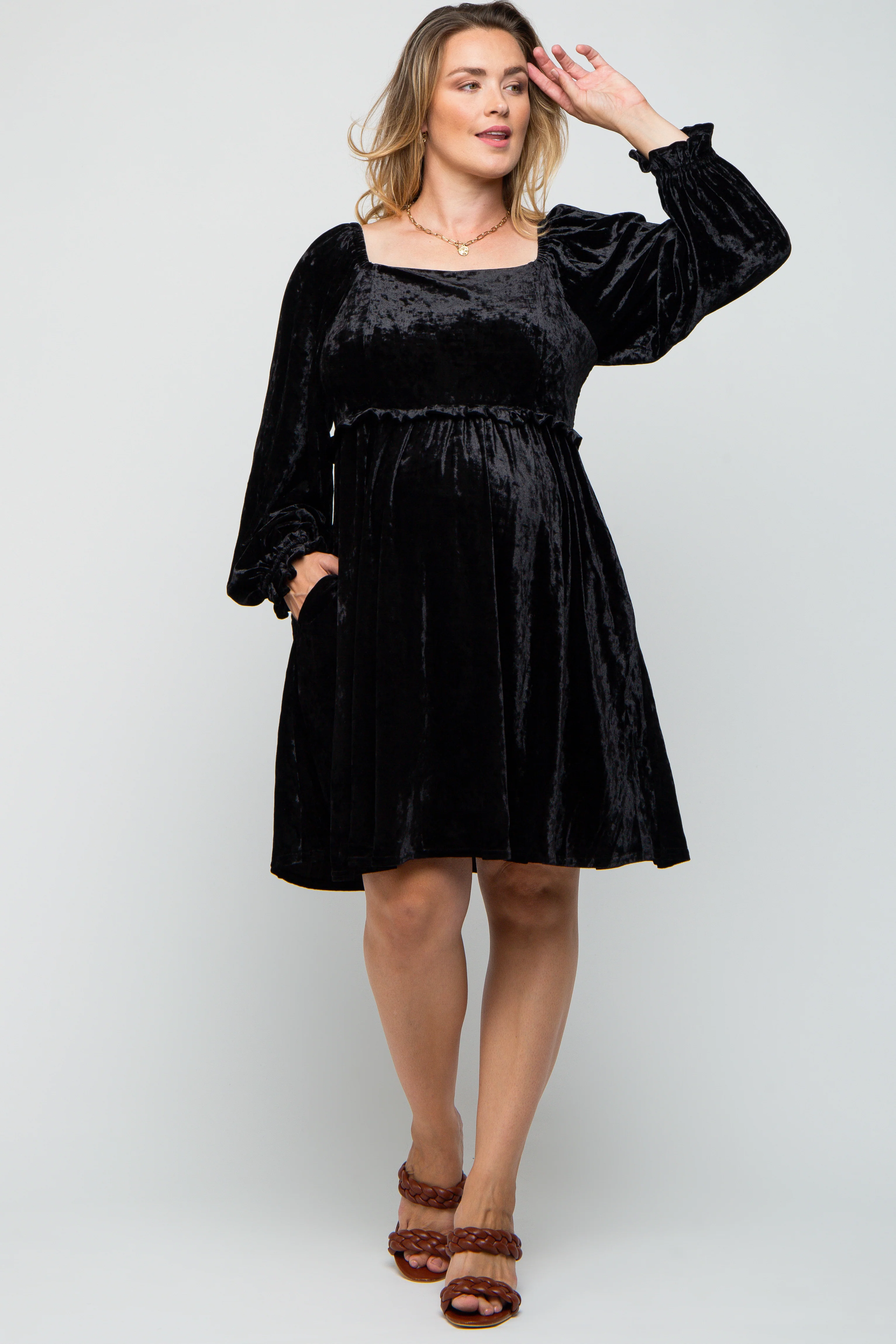 Black Velour Square Neck Maternity Plus Dress - Image 4