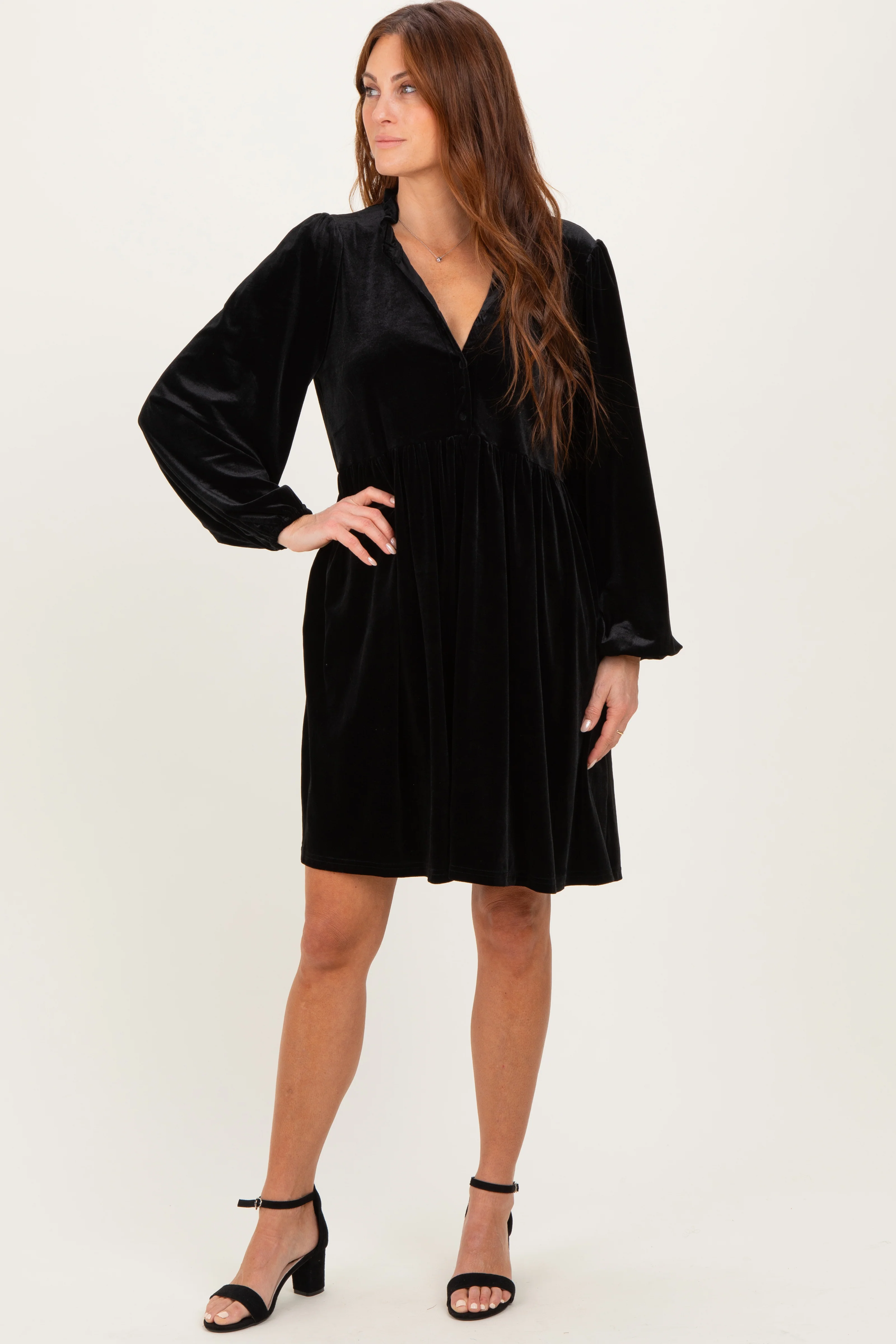 Black Velvet Button Up V-Neck Maternity Dress - Image 3