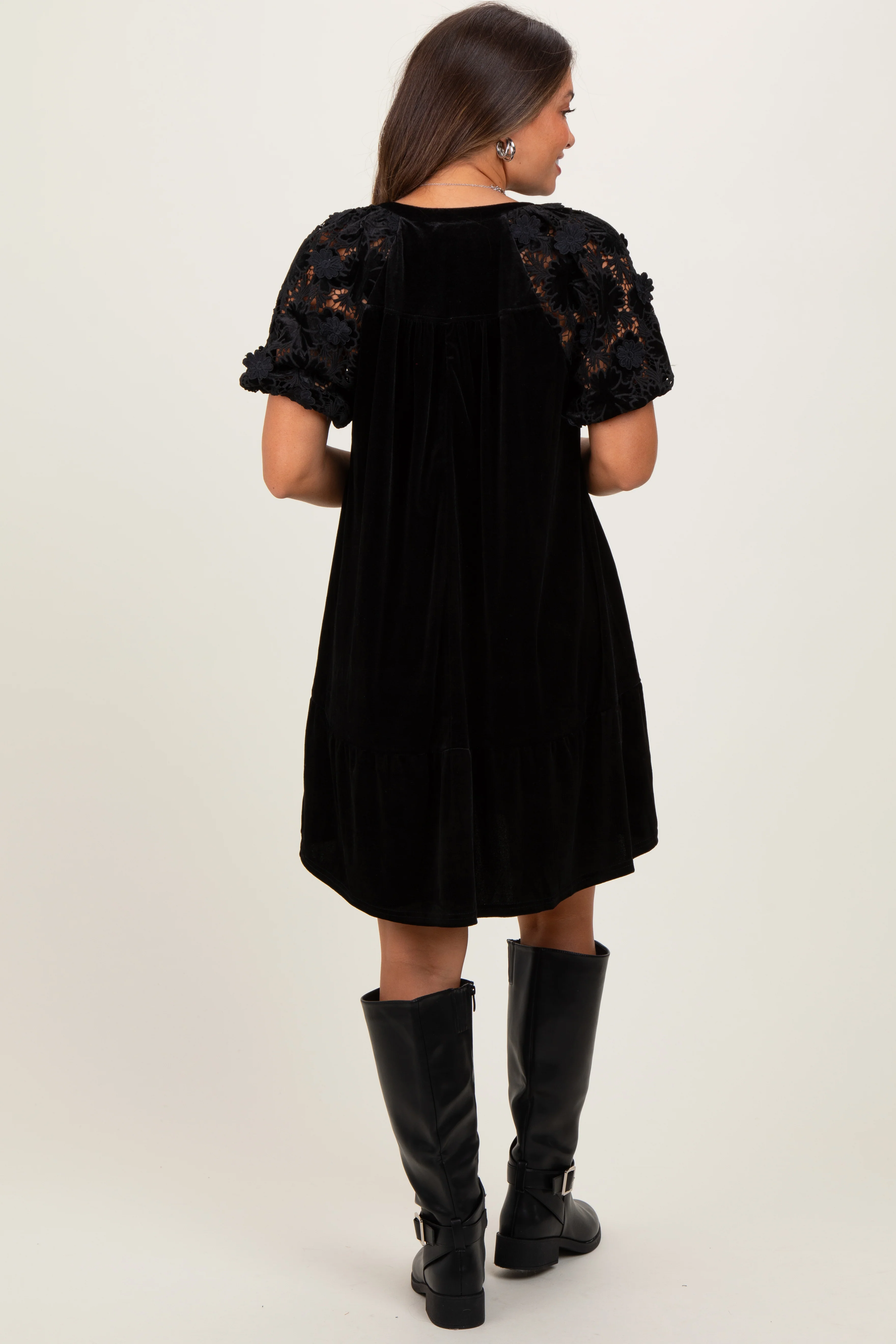 Black Velvet Floral Lace Short Sleeve Maternity Dress - Image 4