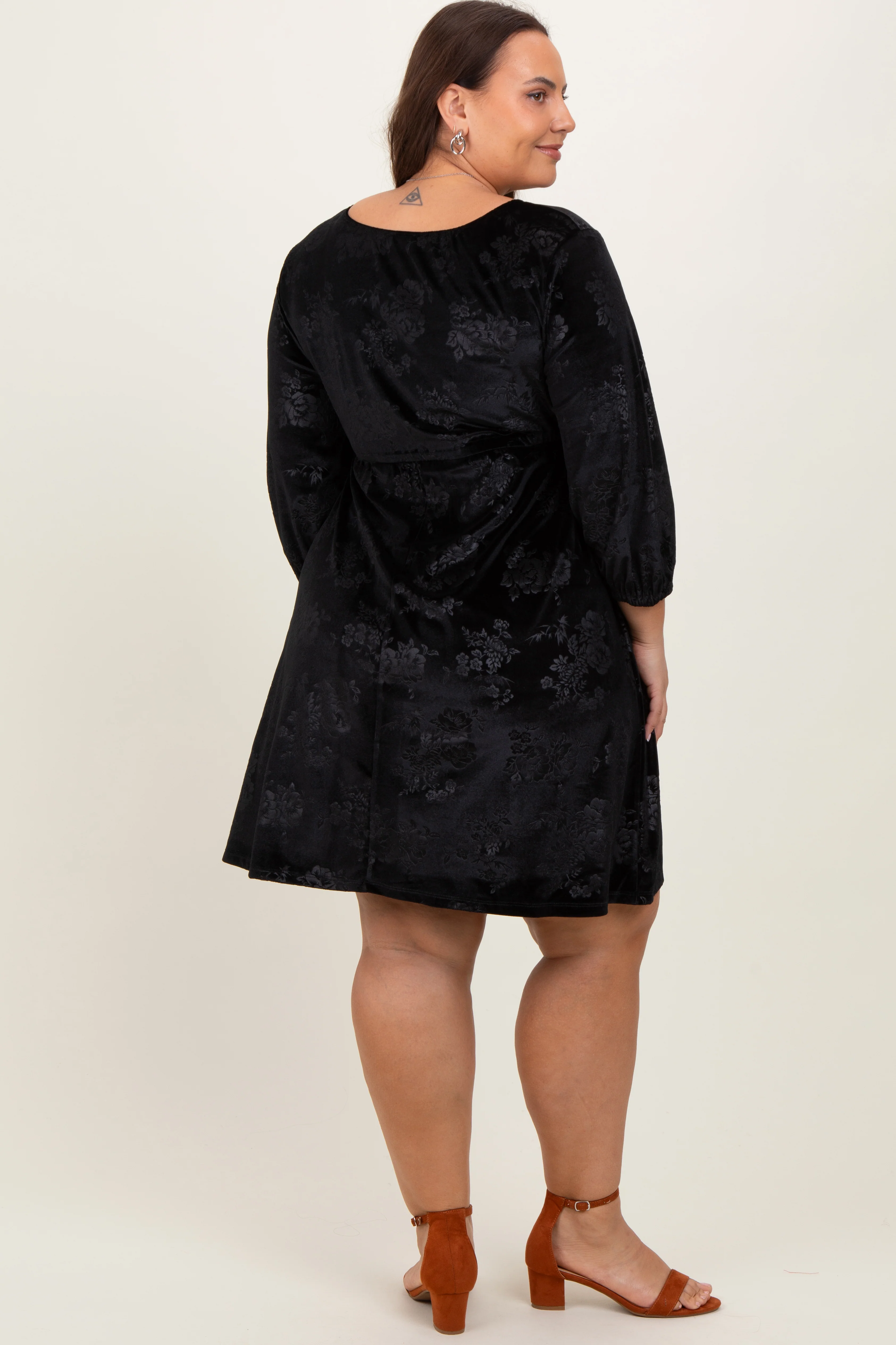 Black Velvet Floral Ruched Neck Plus Dress - Image 4