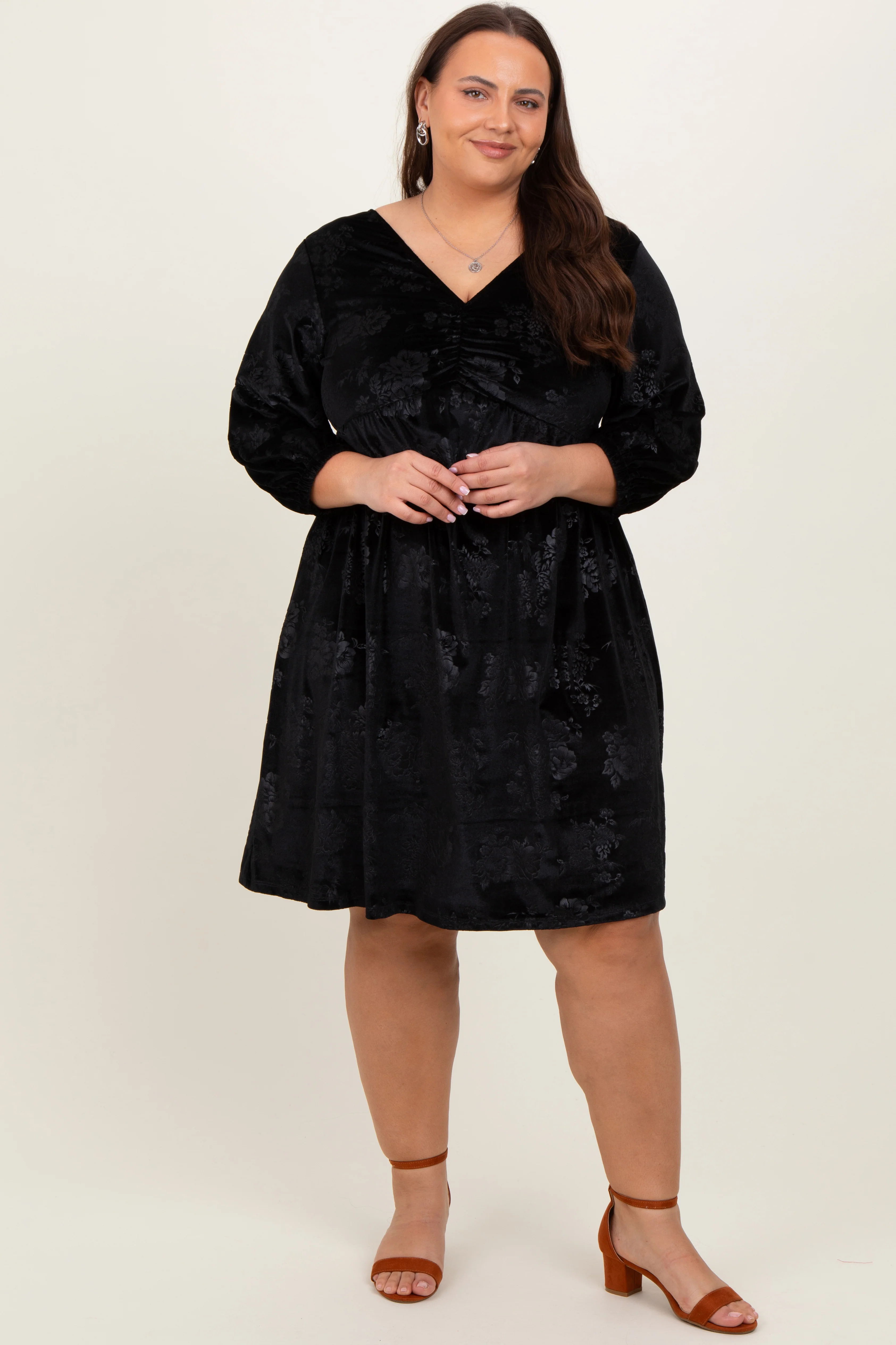 Black Velvet Floral Ruched Neck Plus Maternity Dress - Image 4