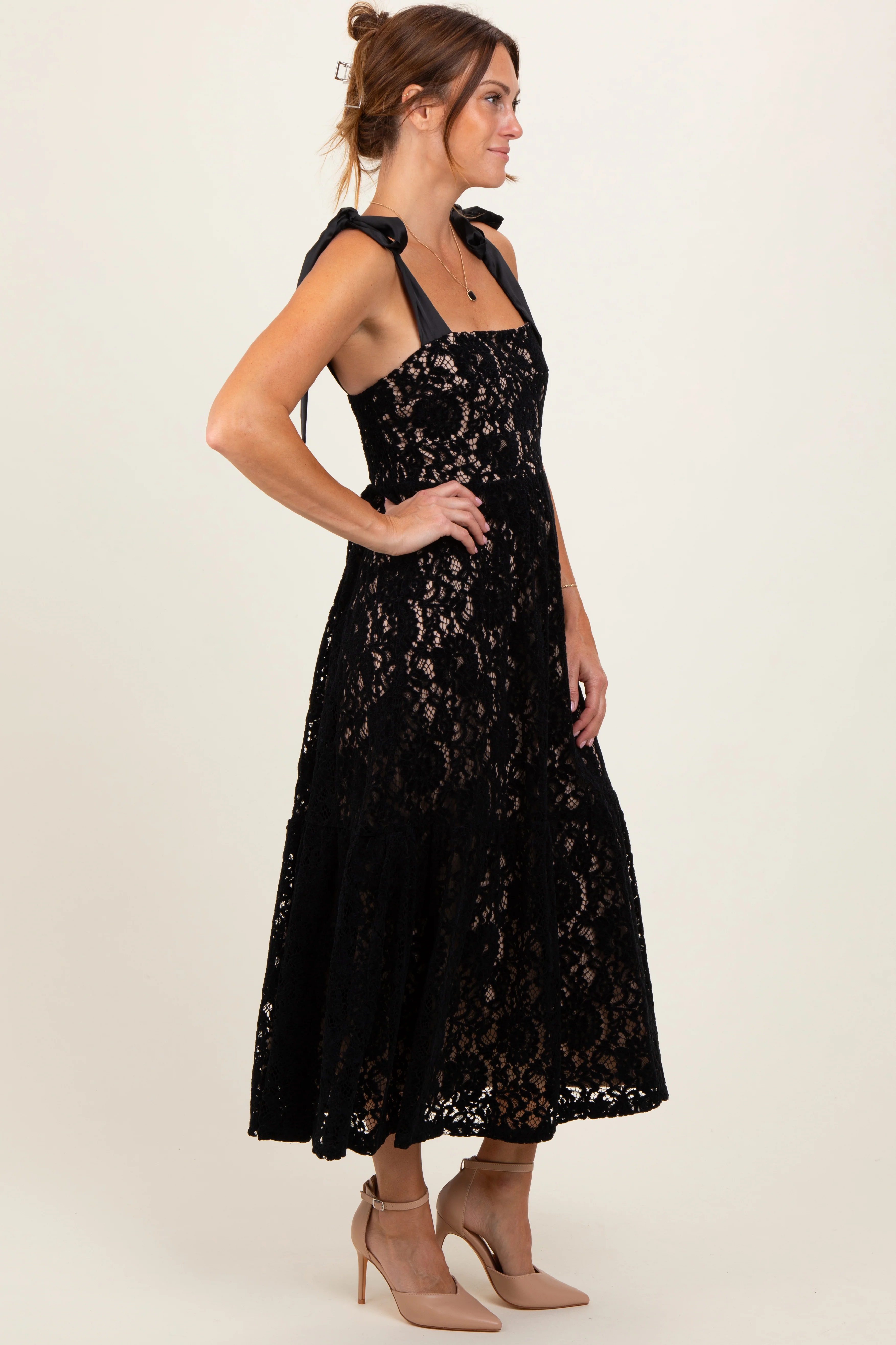 Black Velvet Lace Shoulder Bow Maxi Dress - Image 3