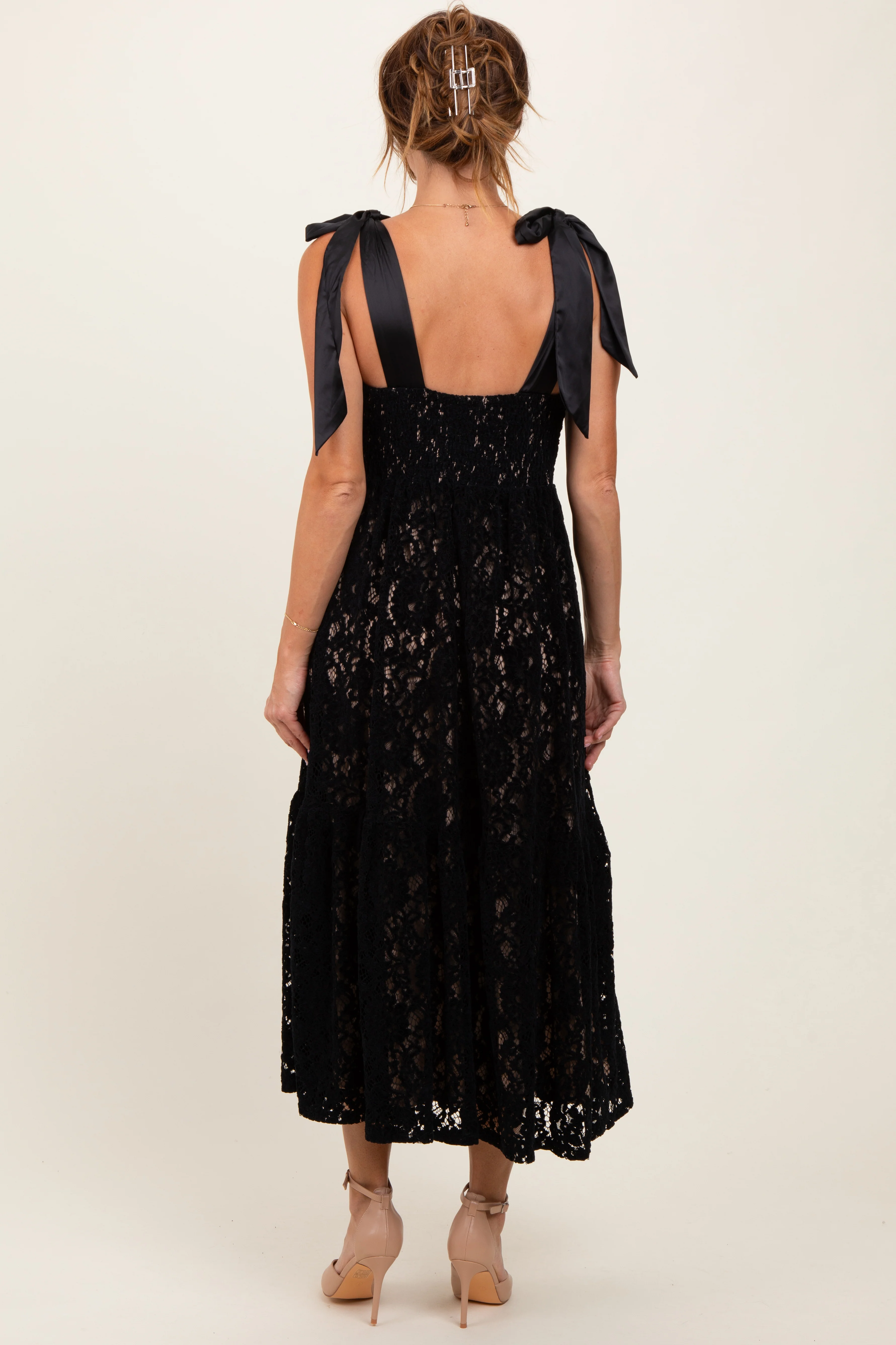 Black Velvet Lace Shoulder Bow Maxi Dress - Image 4