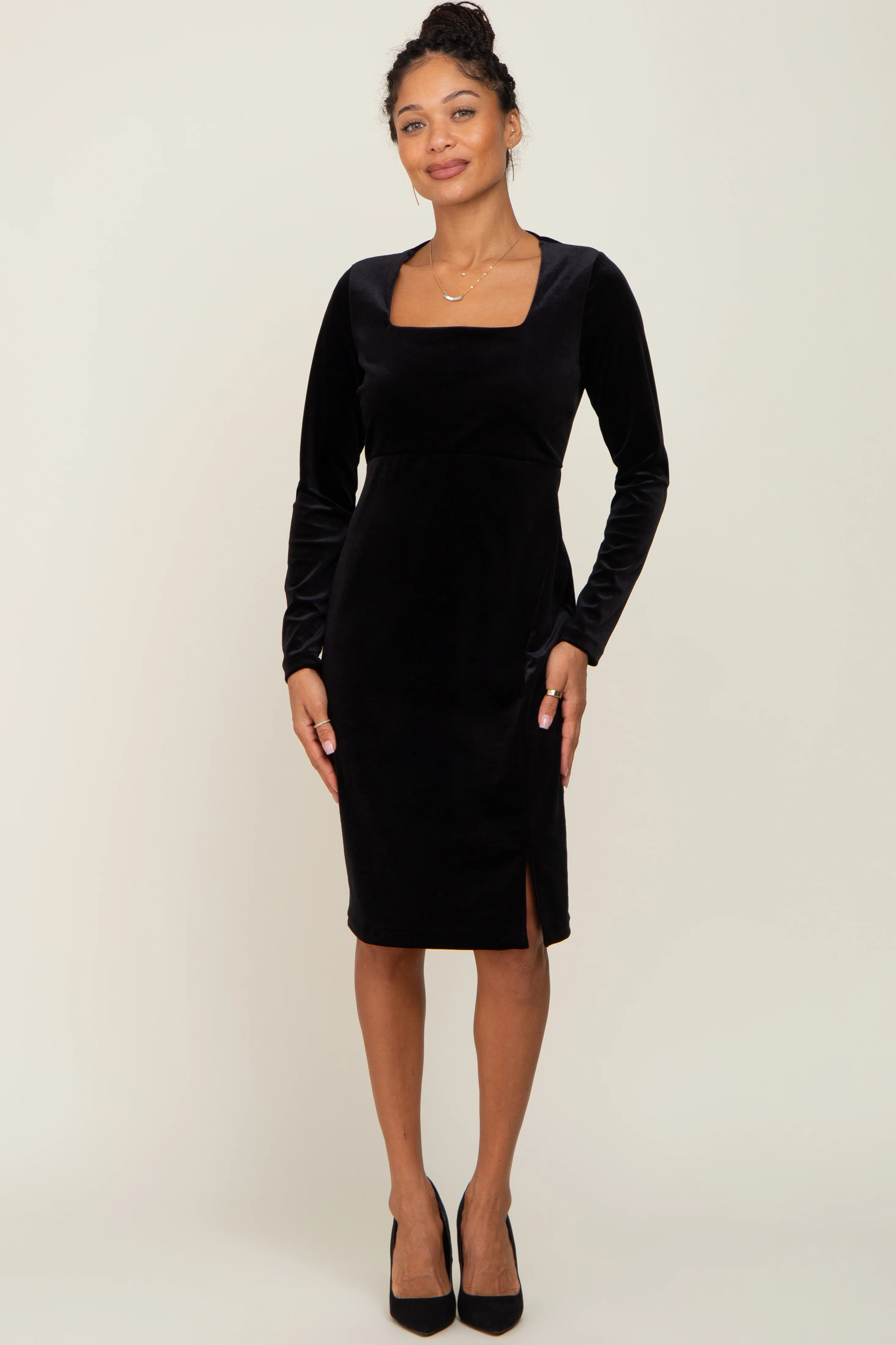Black Velvet Long Sleeve Side Slit Dress - Image 4