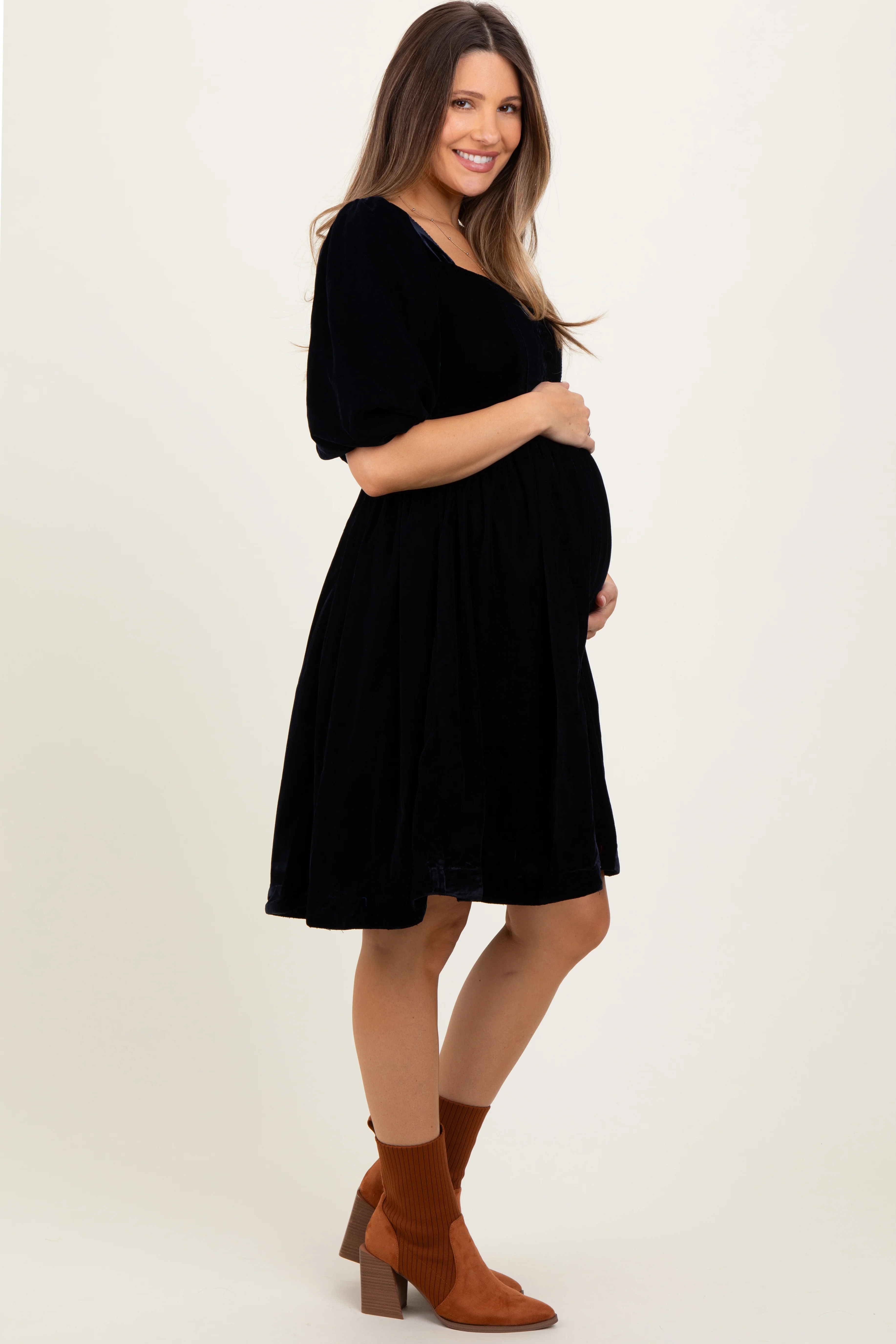 Black Velvet Sweetheart Button Accent Maternity Dress - Image 3