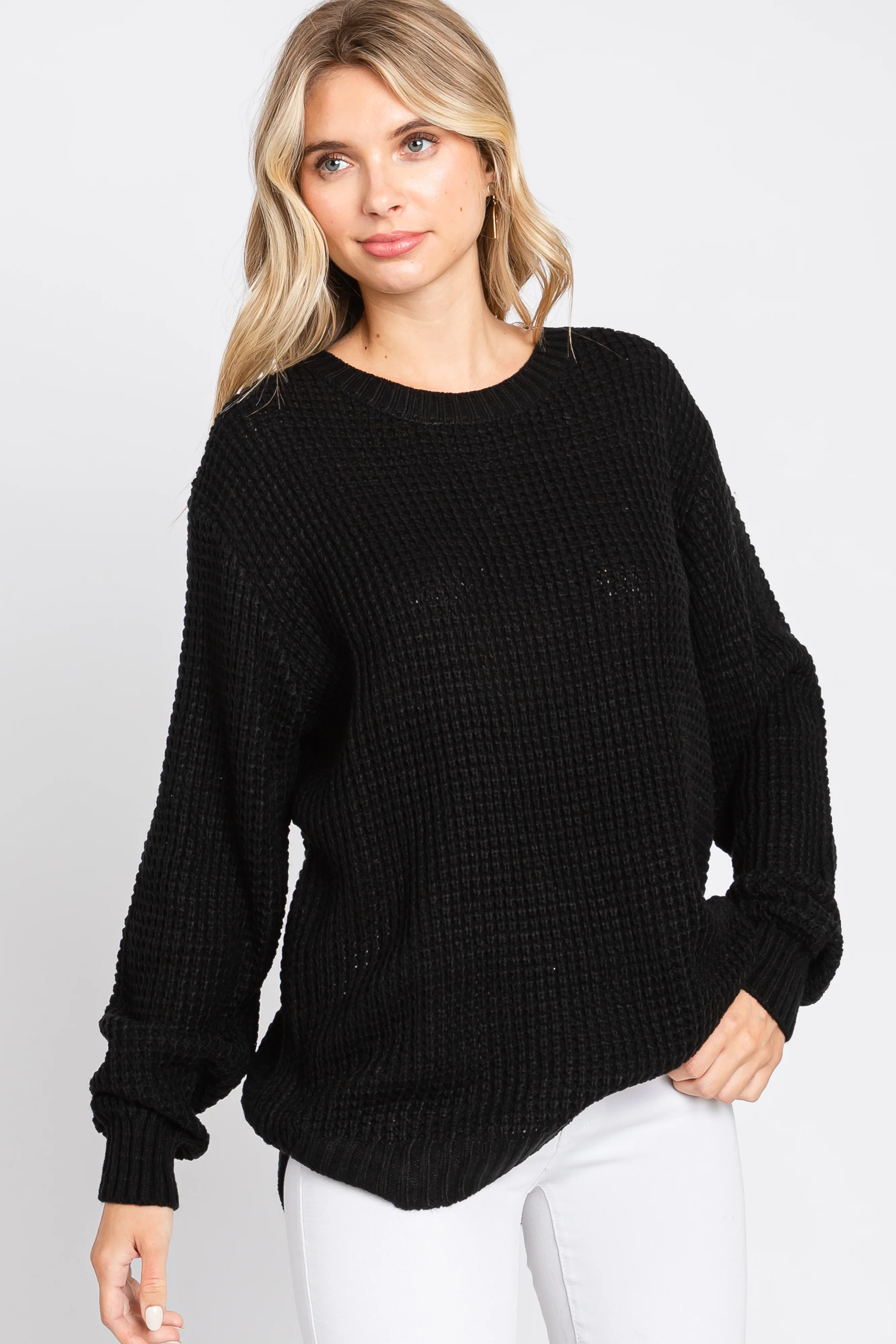 Black Waffle Knit Round Hem Maternity Sweater - Image 7