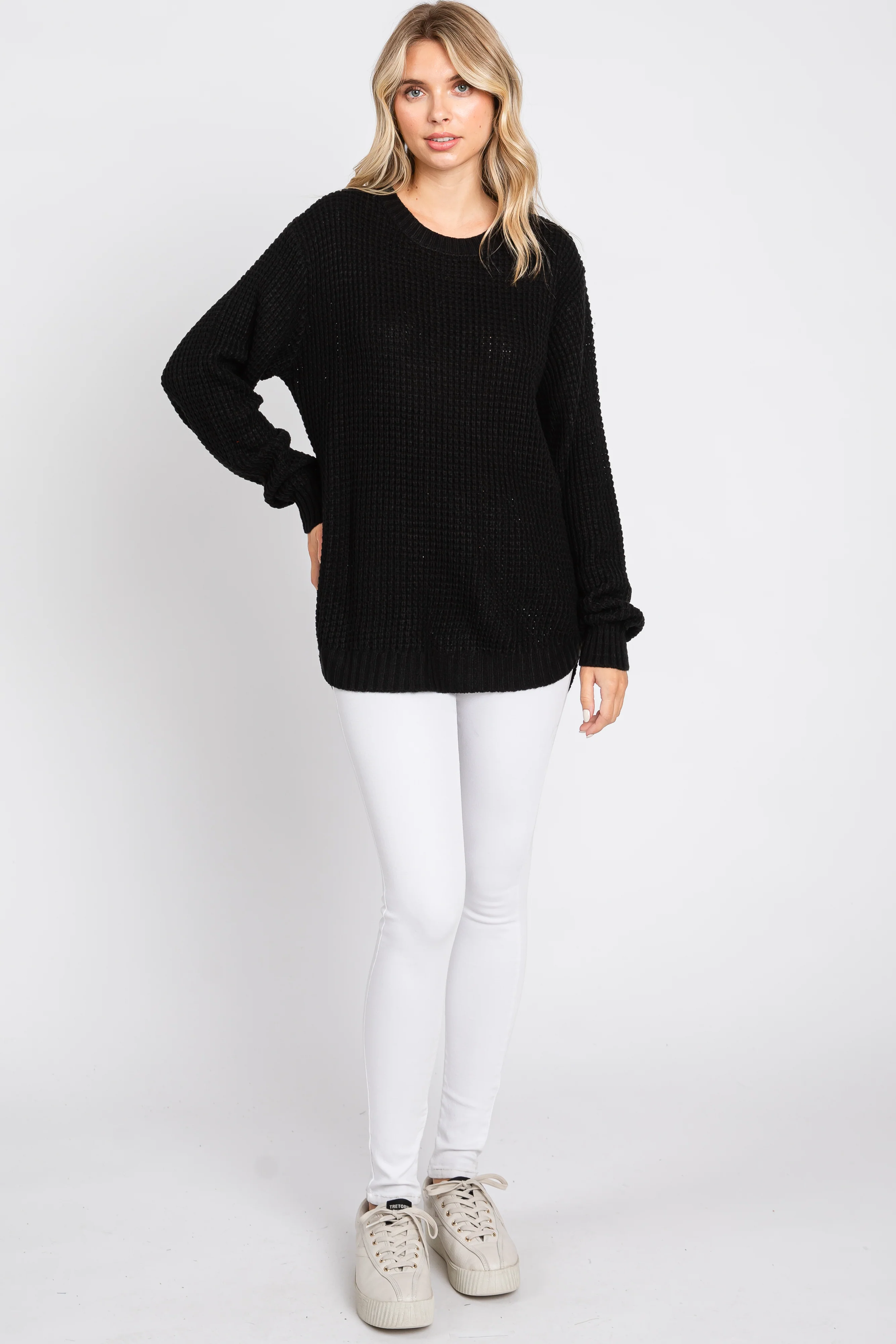 Black Waffle Knit Round Hem Sweater - Image 4