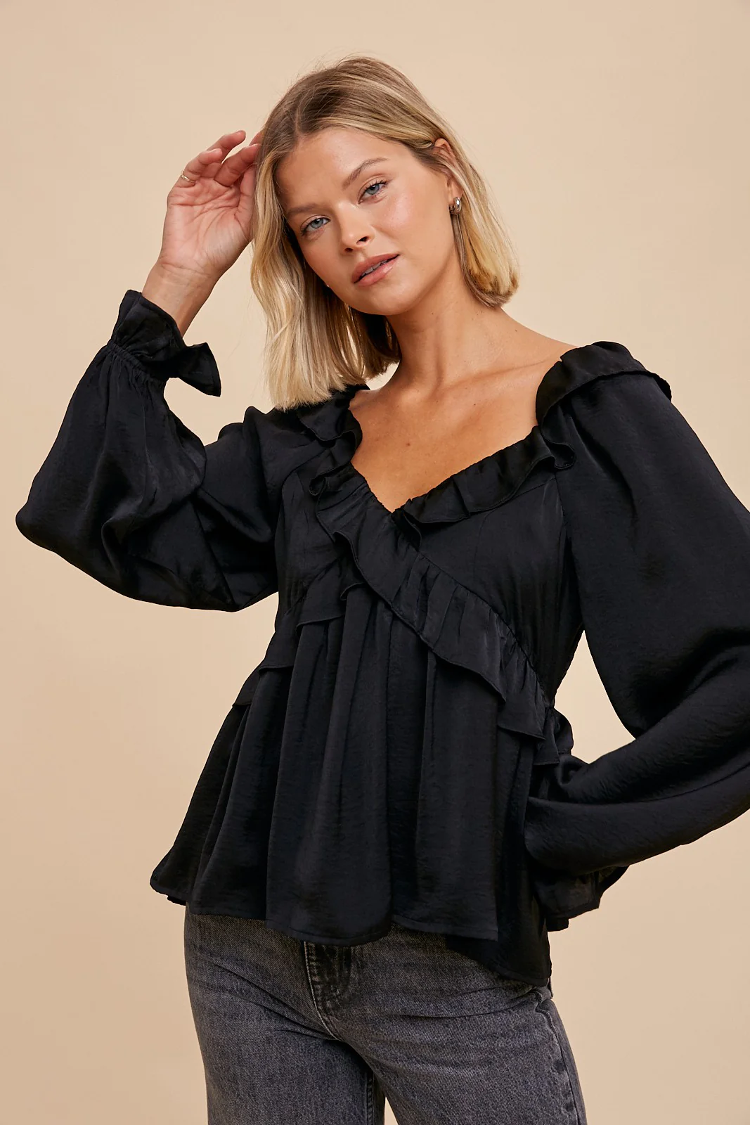 Black Washed Satin Cross Ruffled Long Sleeve Blouse - Image 2