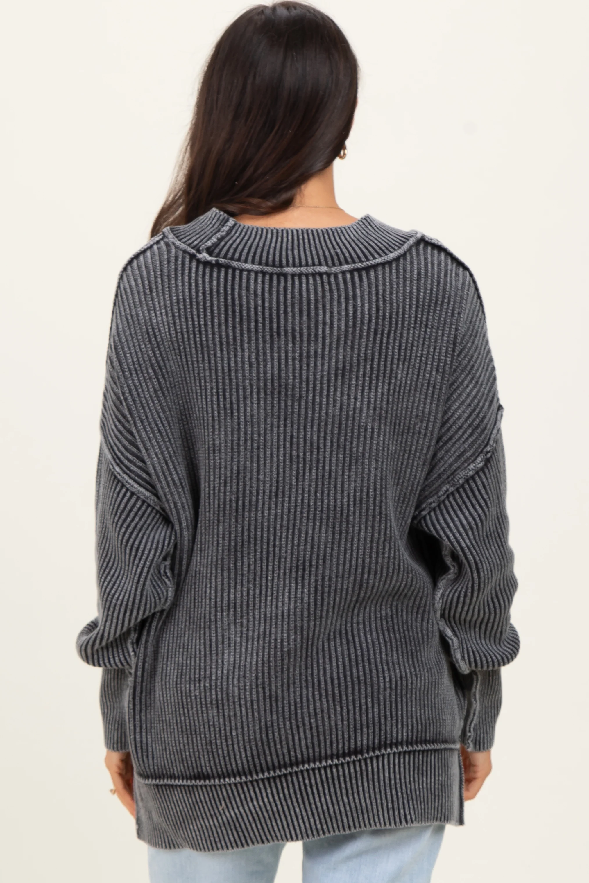 Black Washed Side Slit Oversized Sweater - Image 4