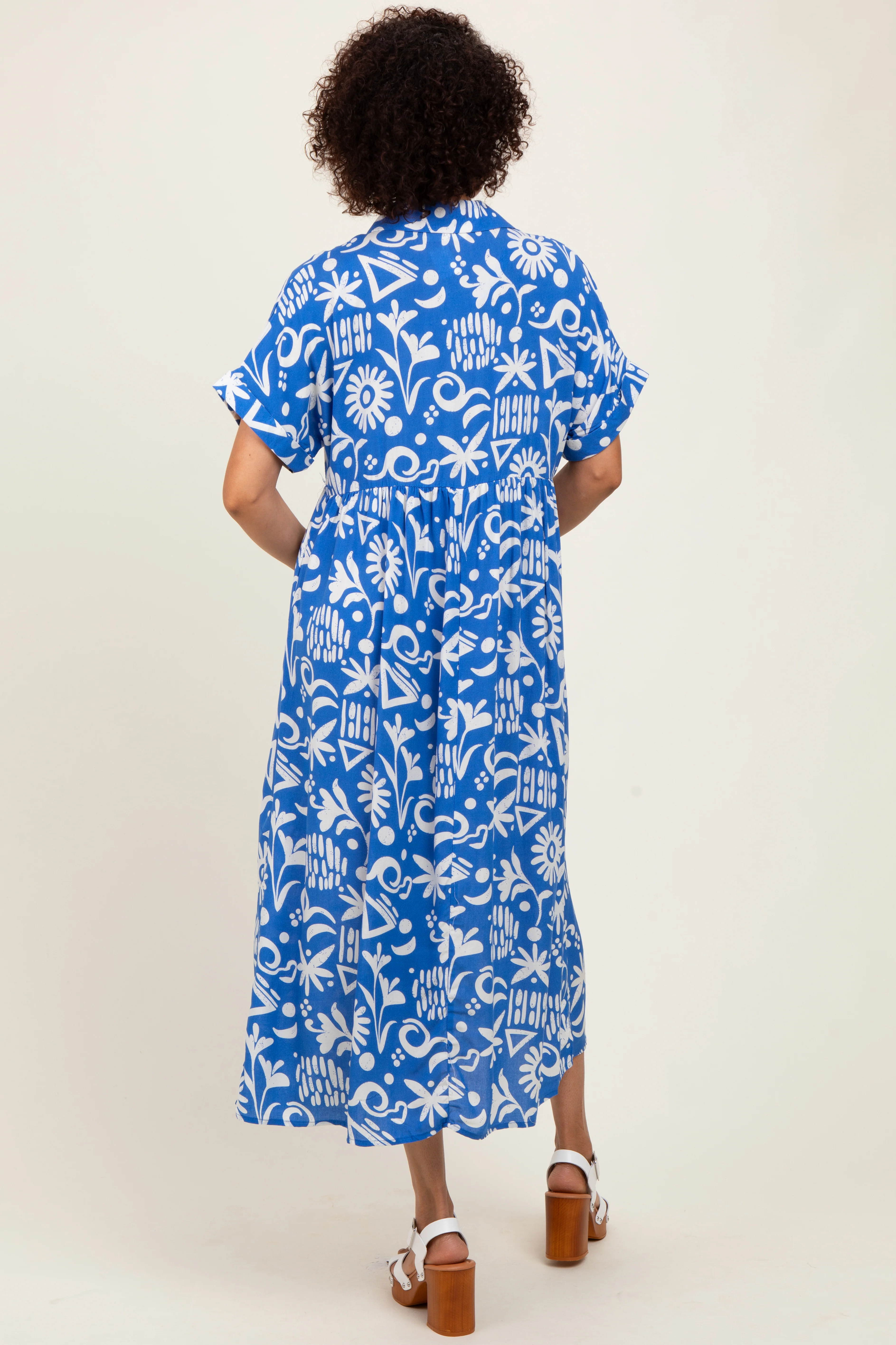 Blue Abstract Floral Shirt Midi Dress - Image 3