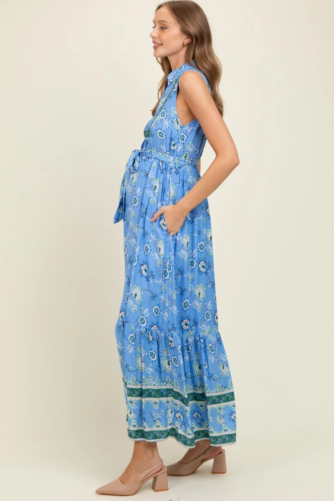 Blue Border Print Collared Button Down Maternity Maxi Dress - Image 3