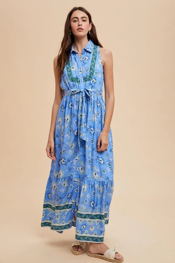 Blue Border Print Collared Button Down Maternity Maxi Dress - Image 5