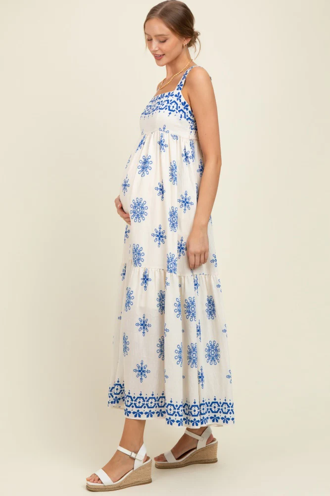 Blue Border Print Sleeveless Tiered Maternity Maxi Dress - Image 3