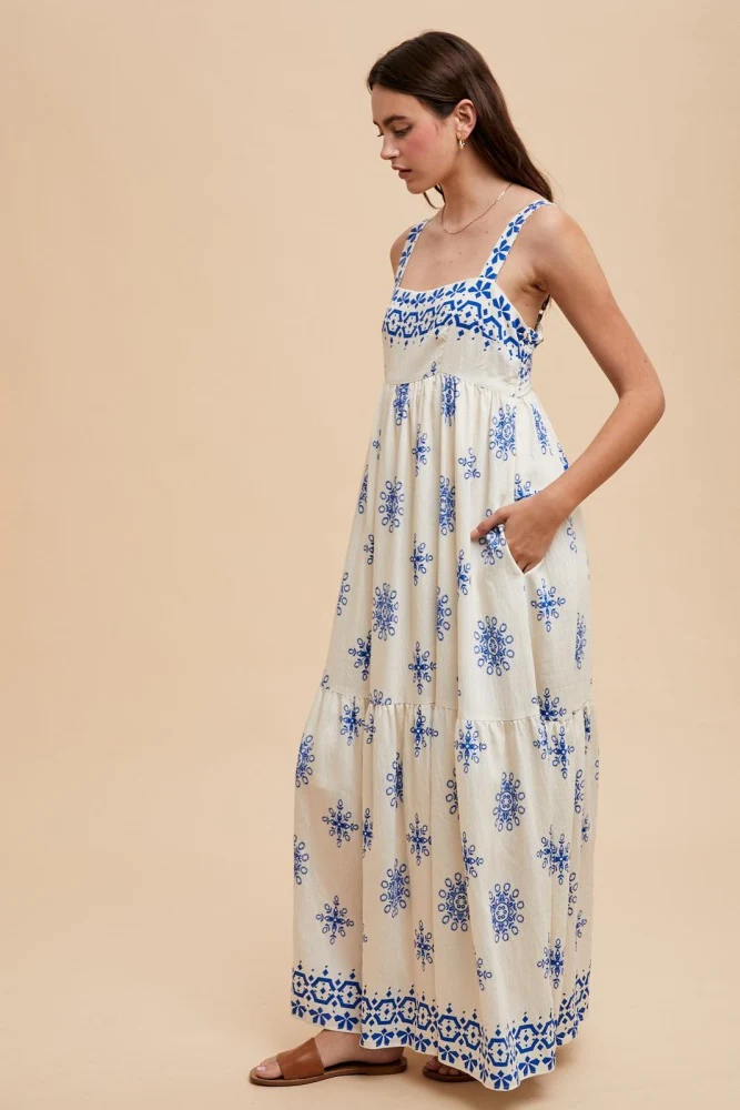Blue Border Print Sleeveless Tiered Maxi Dress - Image 3