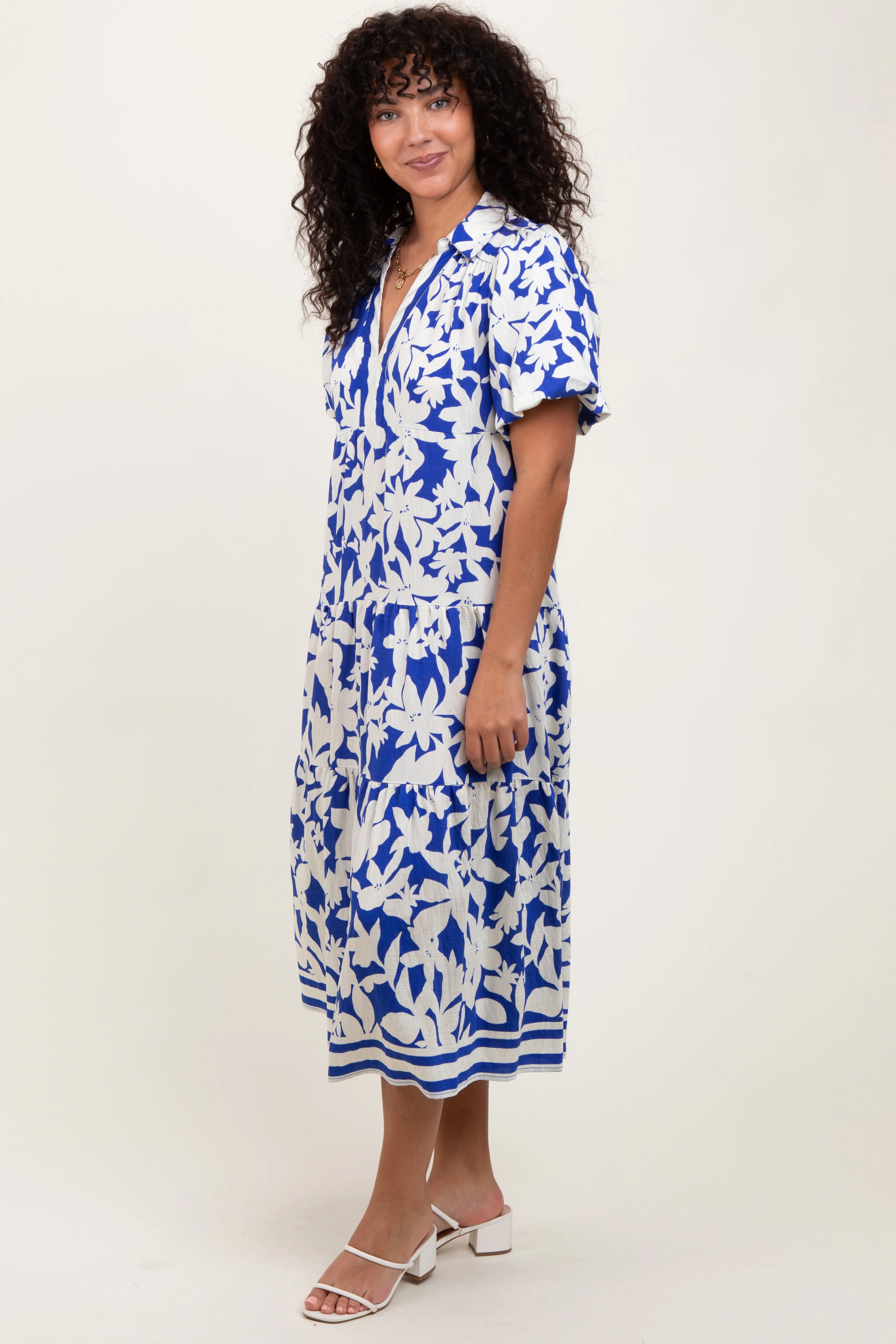Blue Botanical Print A Line Tiered Dress - Image 3