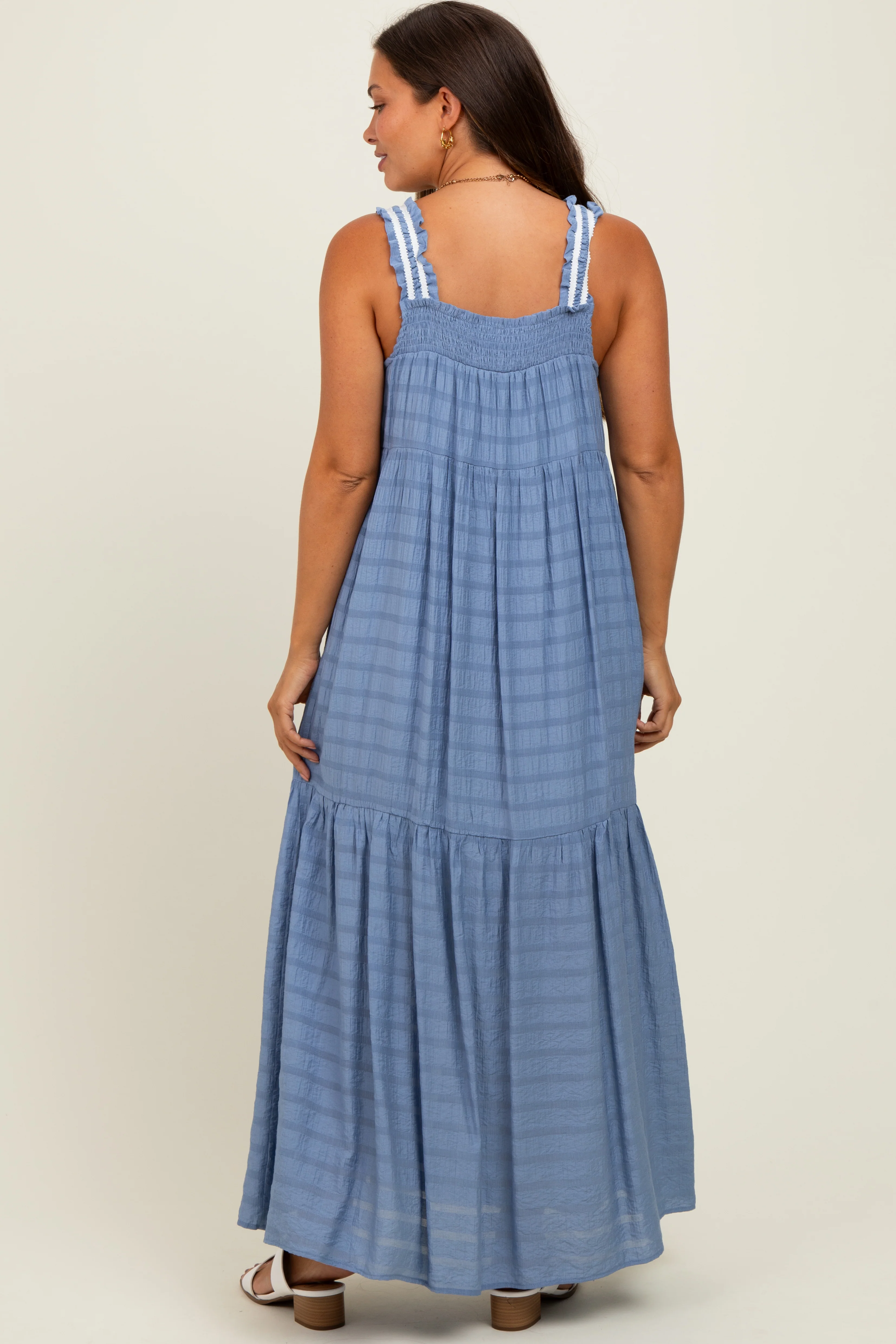 Blue Bow Tie Accent Tiered Maternity Maxi Dress - Image 3