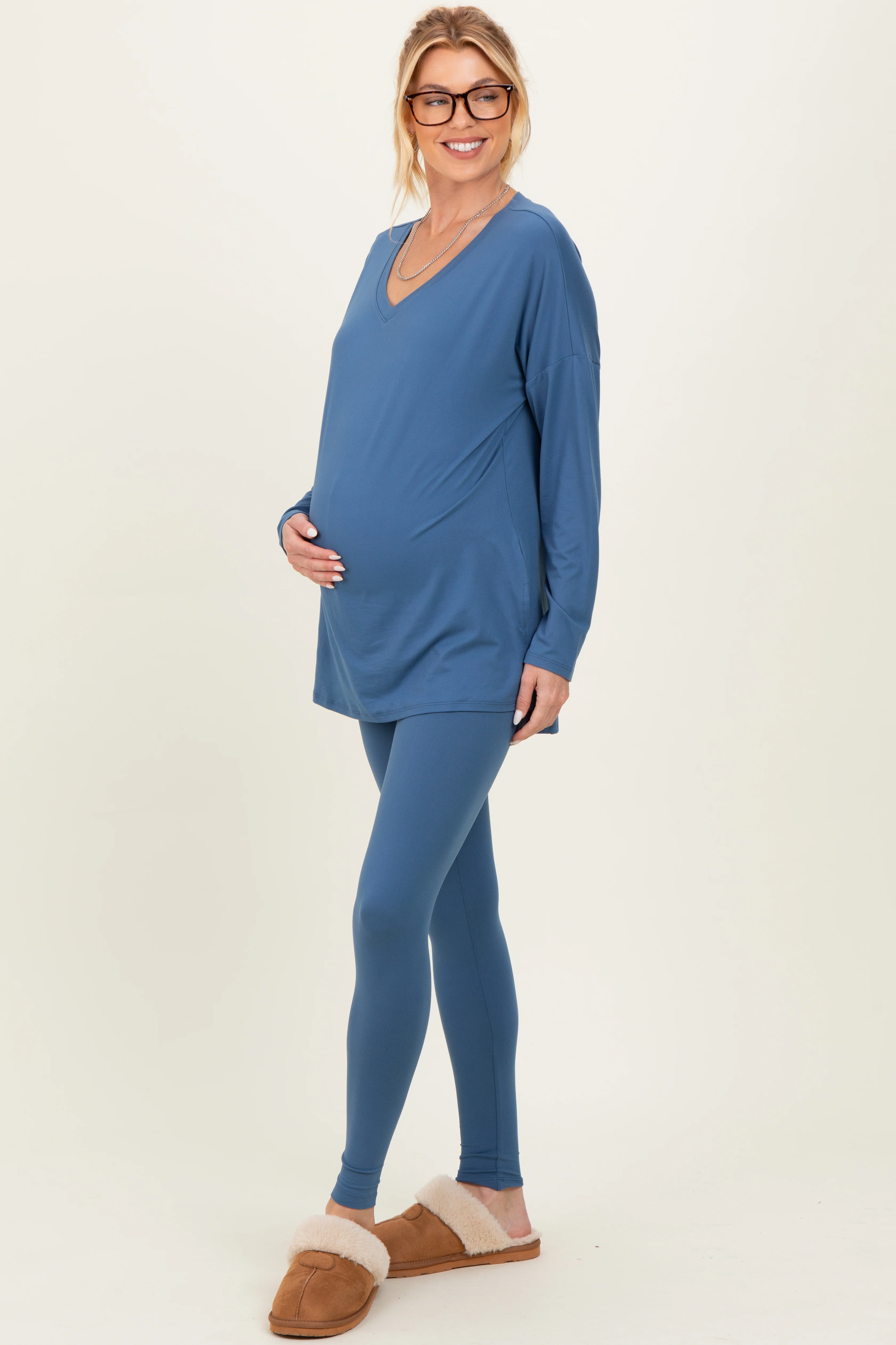 Blue Brushed Knit Maternity Oversized Top and Legging Set - Image 2