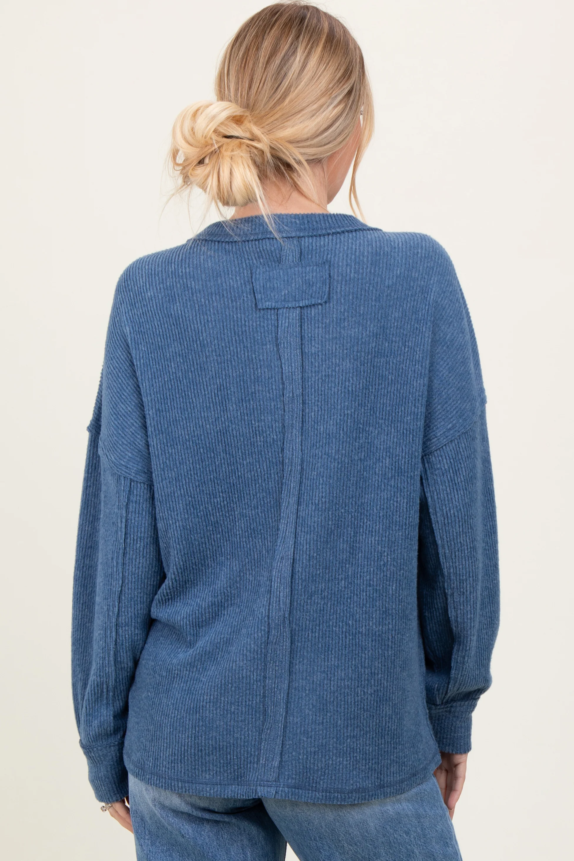 Blue Brushed Ribbed Knit Pullover - Image 4